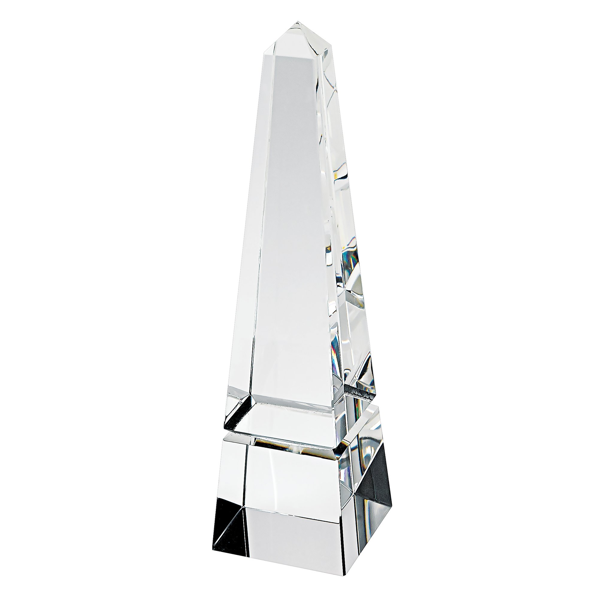 A 10-inch hand crafted crystal obelisk with a clear finish, showcasing its elegant design and high-quality craftsmanship.