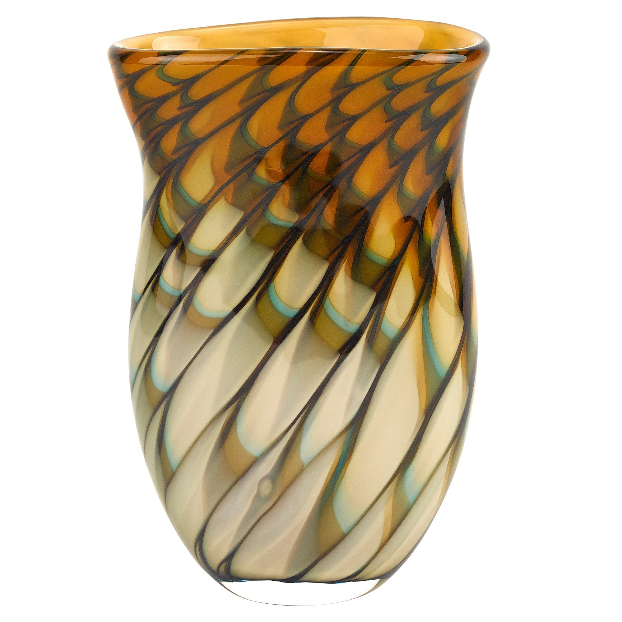 A stunning 10-inch mouth blown art glass oval vase featuring a unique multi-color design, perfect for displaying flowers or as a decorative piece.