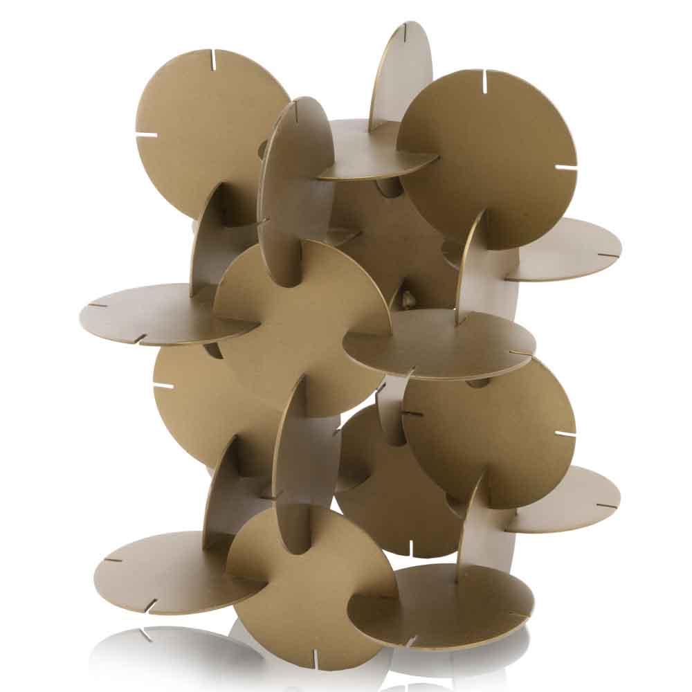 A sophisticated 10" x 10" x 13" brass sculpture featuring attached discs, showcasing an elegant antique design perfect for home decor.