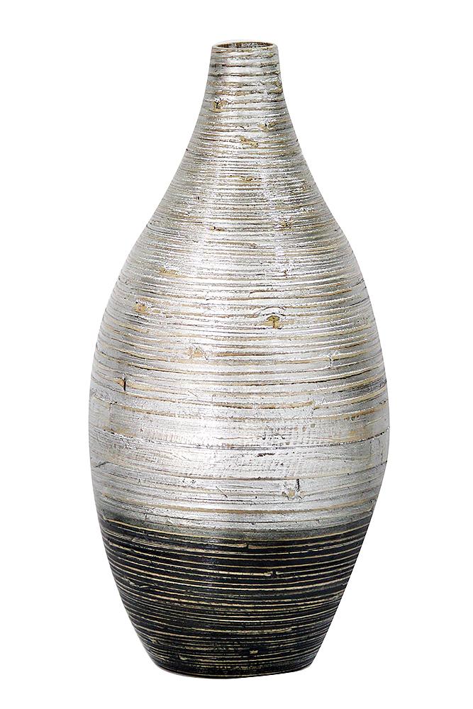 A handcrafted 10" X 10" X 20" distressed silver and black bamboo vase, showcasing unique spun bamboo craftsmanship.