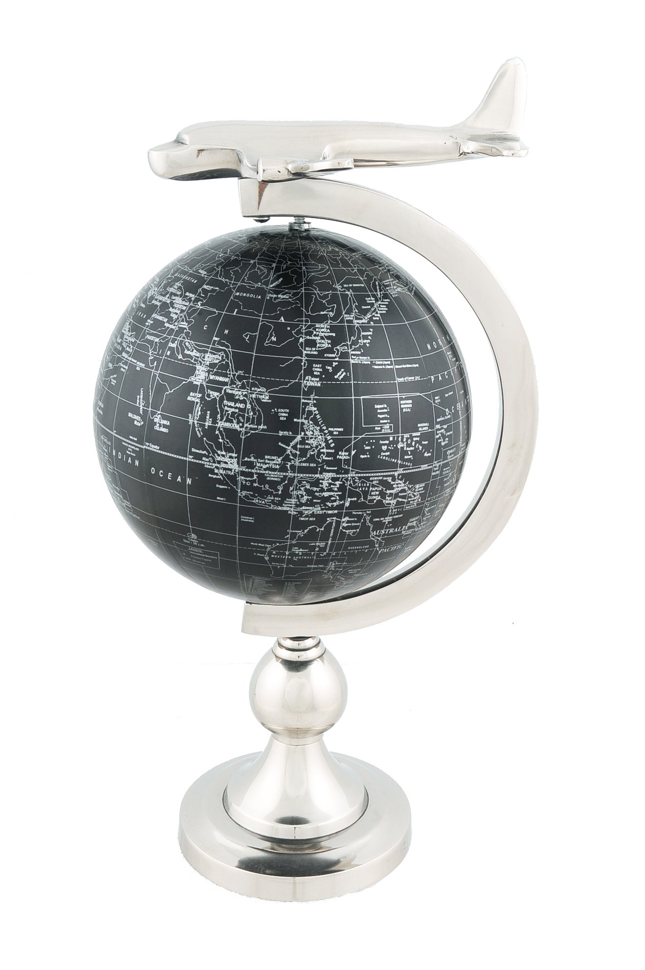 A vintage 1930s airplane model flying above a bronze-finished globe with silver writing, mounted on a brass stand.