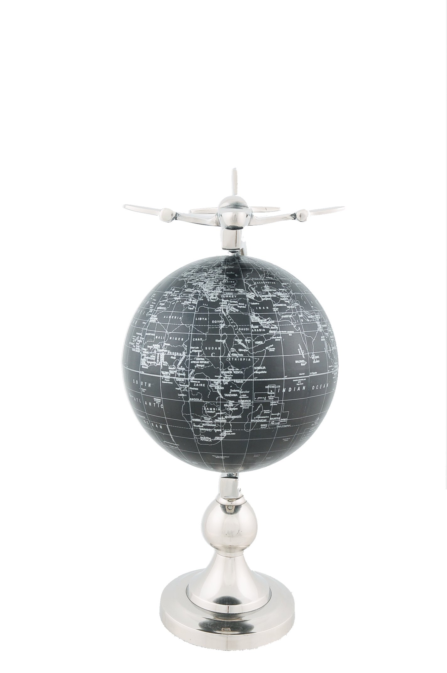 A vintage 1930s airplane model flying above a bronze-finished globe with silver writing, mounted on a brass stand.