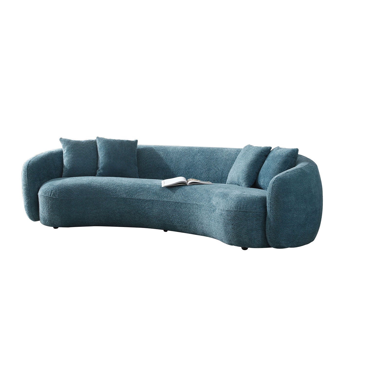 102-inch modern boucle sofa in blue, featuring a half moon design and four throw pillows, perfect for stylish living room decor.