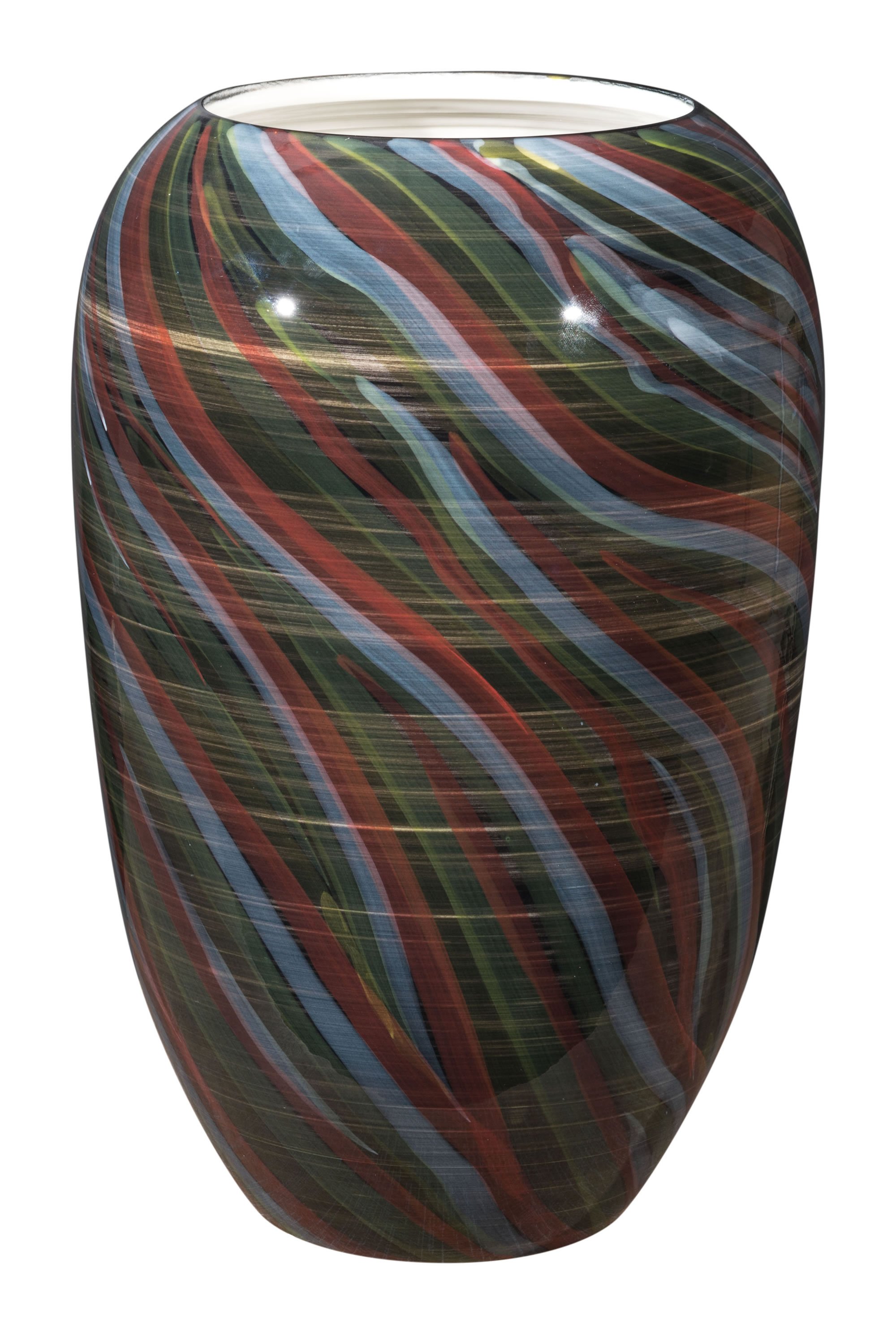 A large multicolor ceramic vase with swirls of rich colors, perfect for floral arrangements or as a decorative sculpture.