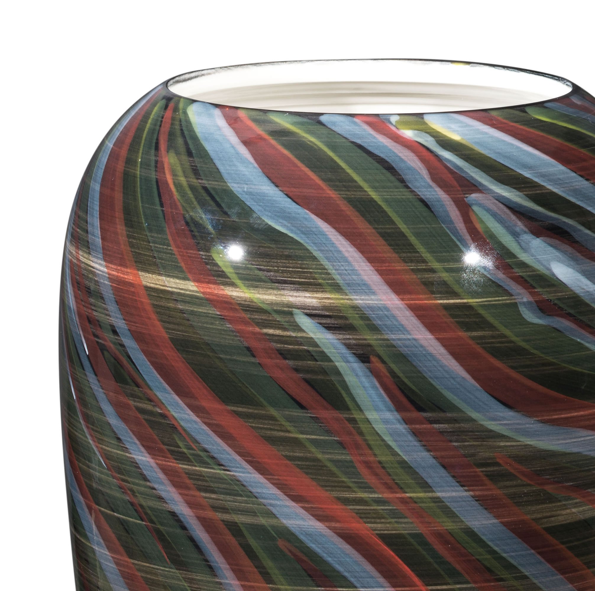 A large multicolor ceramic vase with swirls of rich colors, perfect for floral arrangements or as a decorative sculpture.