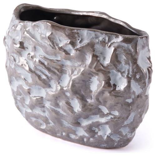 Small brown and white metallic stones vase with glossy finish, elegantly shaped for home decor.