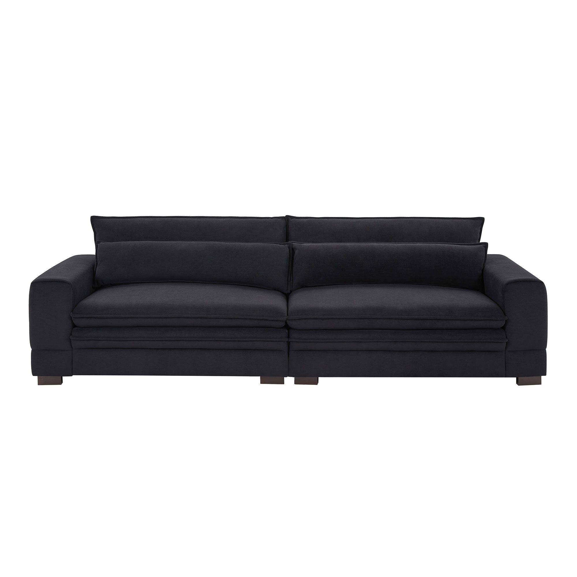 A stylish 104.72 inch fabric couch in Matt Black, showcasing mid-century modern design with solid wood legs, perfect for living rooms.