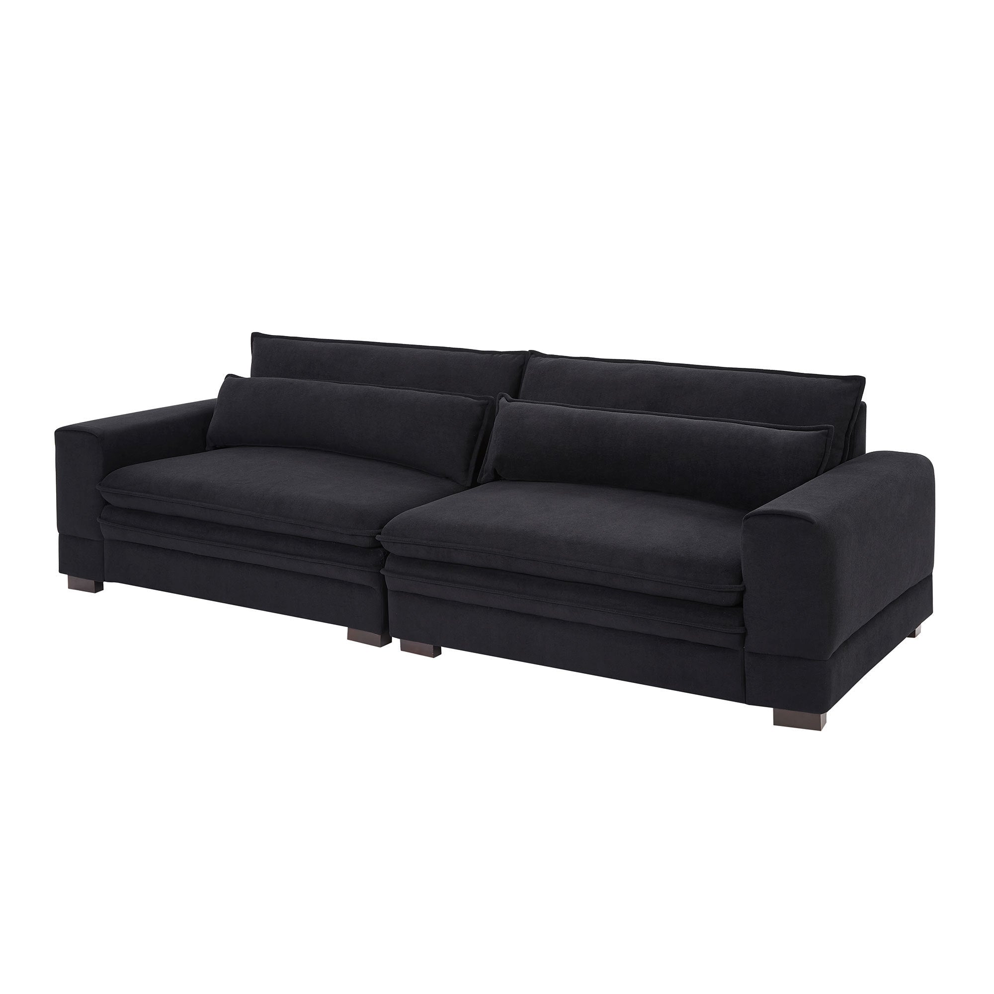 A stylish 104.72 inch fabric couch in Matt Black, showcasing mid-century modern design with solid wood legs, perfect for living rooms.