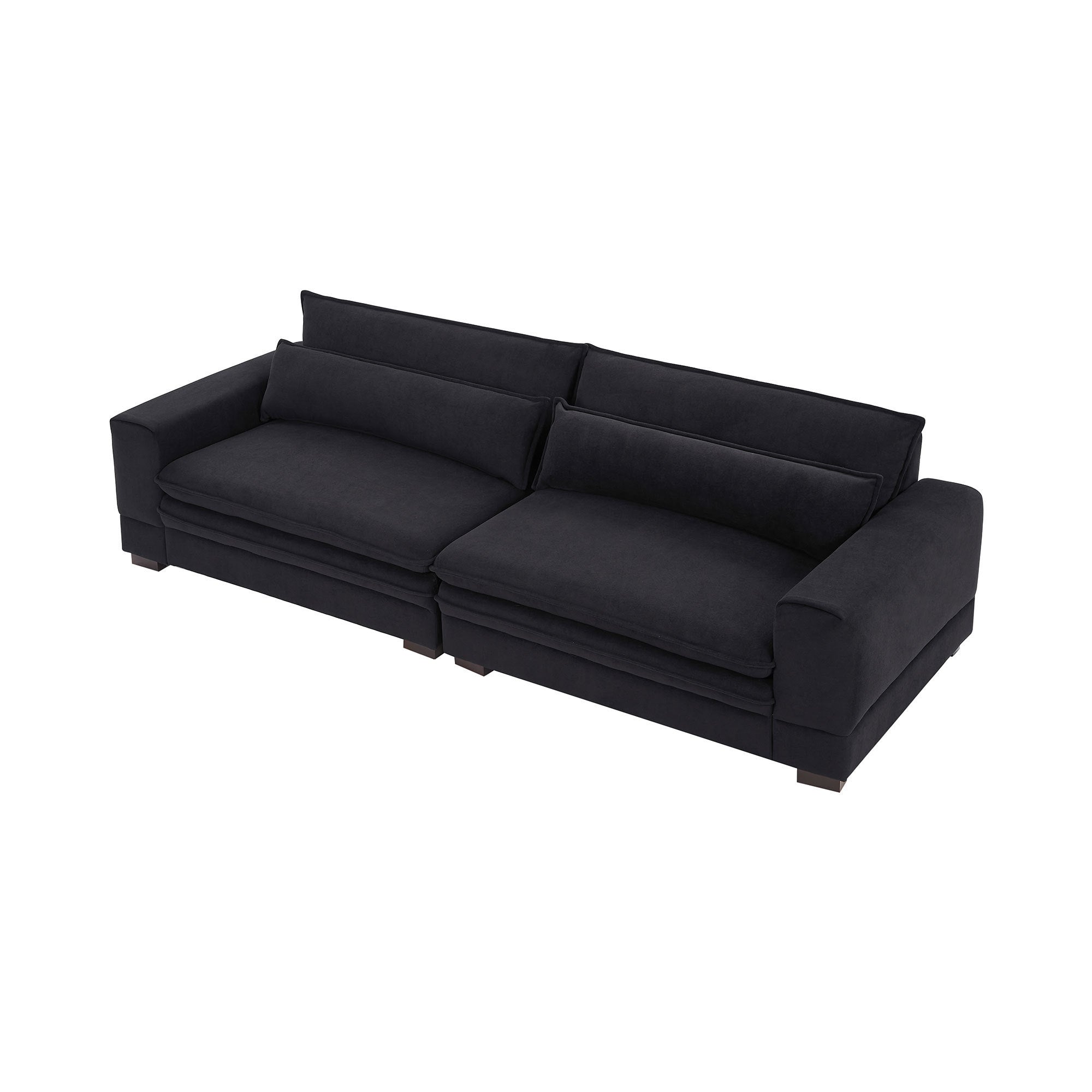 A stylish 104.72 inch fabric couch in Matt Black, showcasing mid-century modern design with solid wood legs, perfect for living rooms.