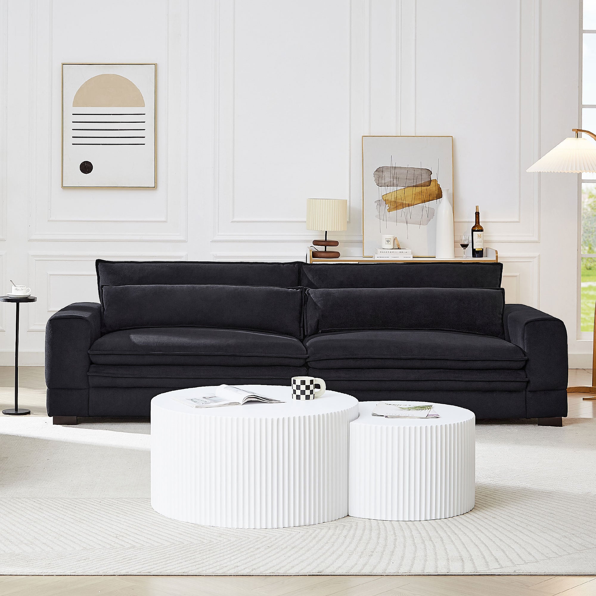 A stylish 104.72 inch fabric couch in Matt Black, showcasing mid-century modern design with solid wood legs, perfect for living rooms.