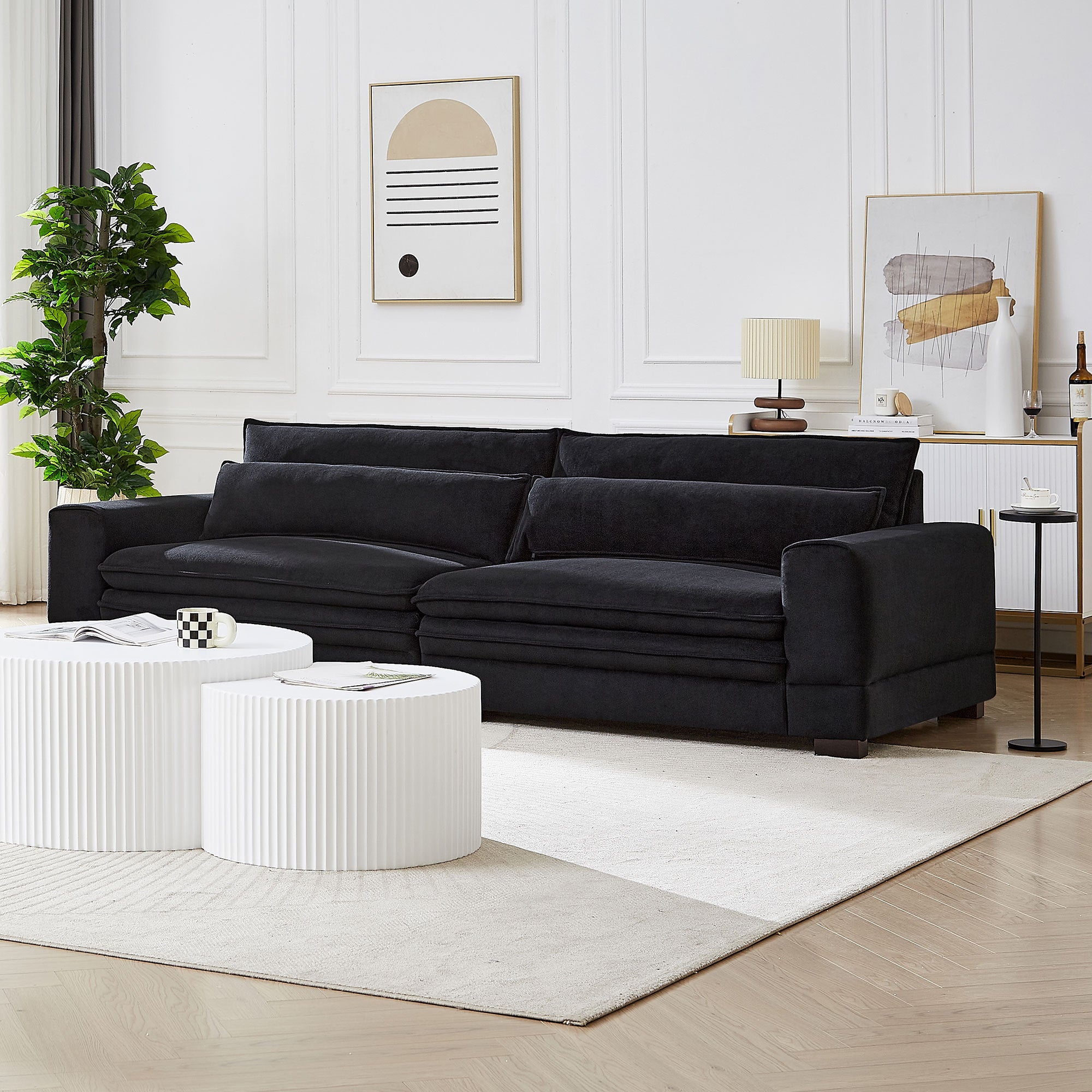 A stylish 104.72 inch fabric couch in Matt Black, showcasing mid-century modern design with solid wood legs, perfect for living rooms.