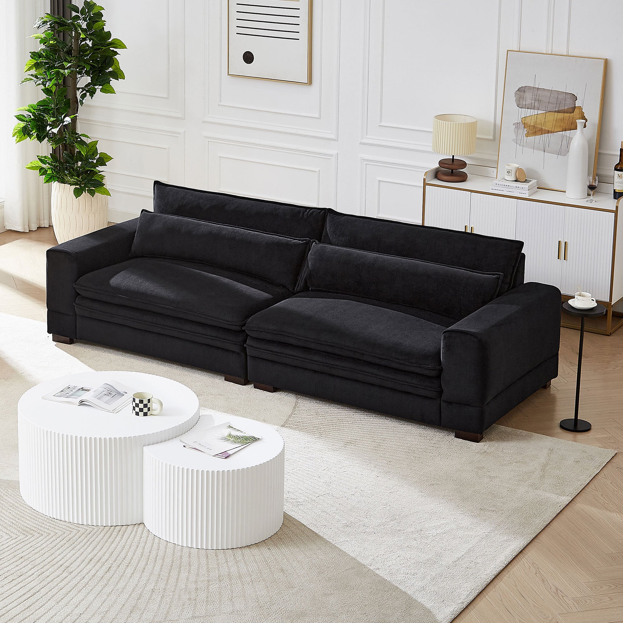 A stylish 104.72 inch fabric couch in Matt Black, showcasing mid-century modern design with solid wood legs, perfect for living rooms.