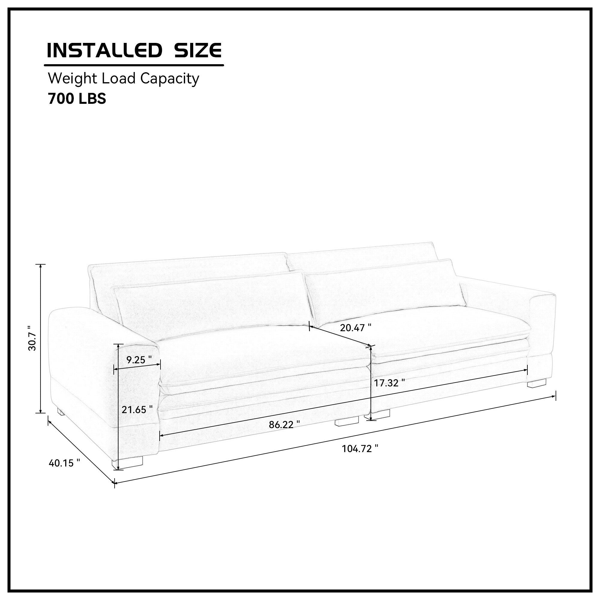 A stylish 104.72 inch fabric couch in Matt Black, showcasing mid-century modern design with solid wood legs, perfect for living rooms.