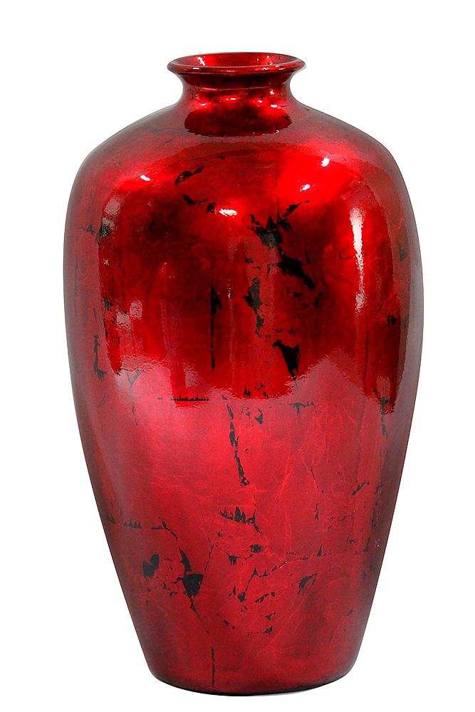 A vibrant red ceramic vase measuring 10.5" x 10.5" x 19", featuring a unique foiled and lacquered finish that adds depth and dimension.