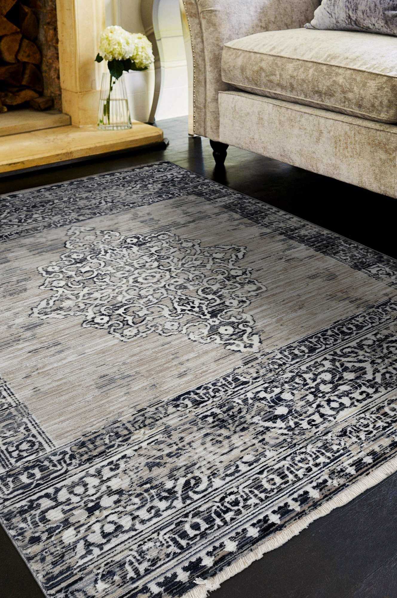 105 x 156 Greyor Blue Polyester or Viscose Rug with elegant patterns and metallic accents, perfect for contemporary home decor.