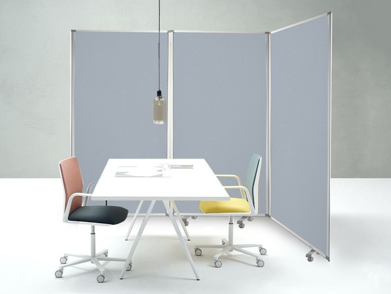 A stylish gray metal and fabric screen room divider with three panels, featuring sturdy wheels for mobility and lush fabric ends.