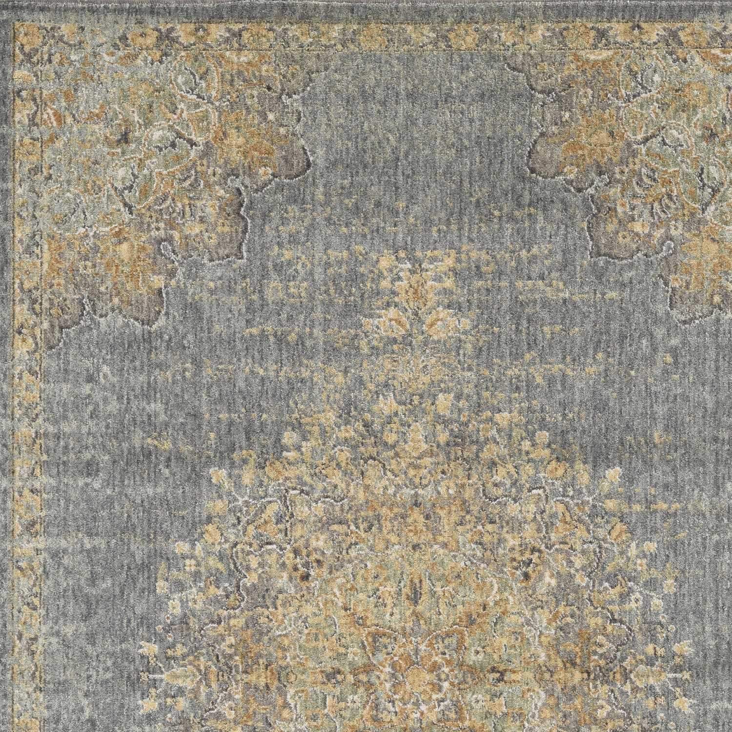 A large 108" x 108" slate grey wool rug featuring a vintage traditional design, perfect for enhancing living spaces.