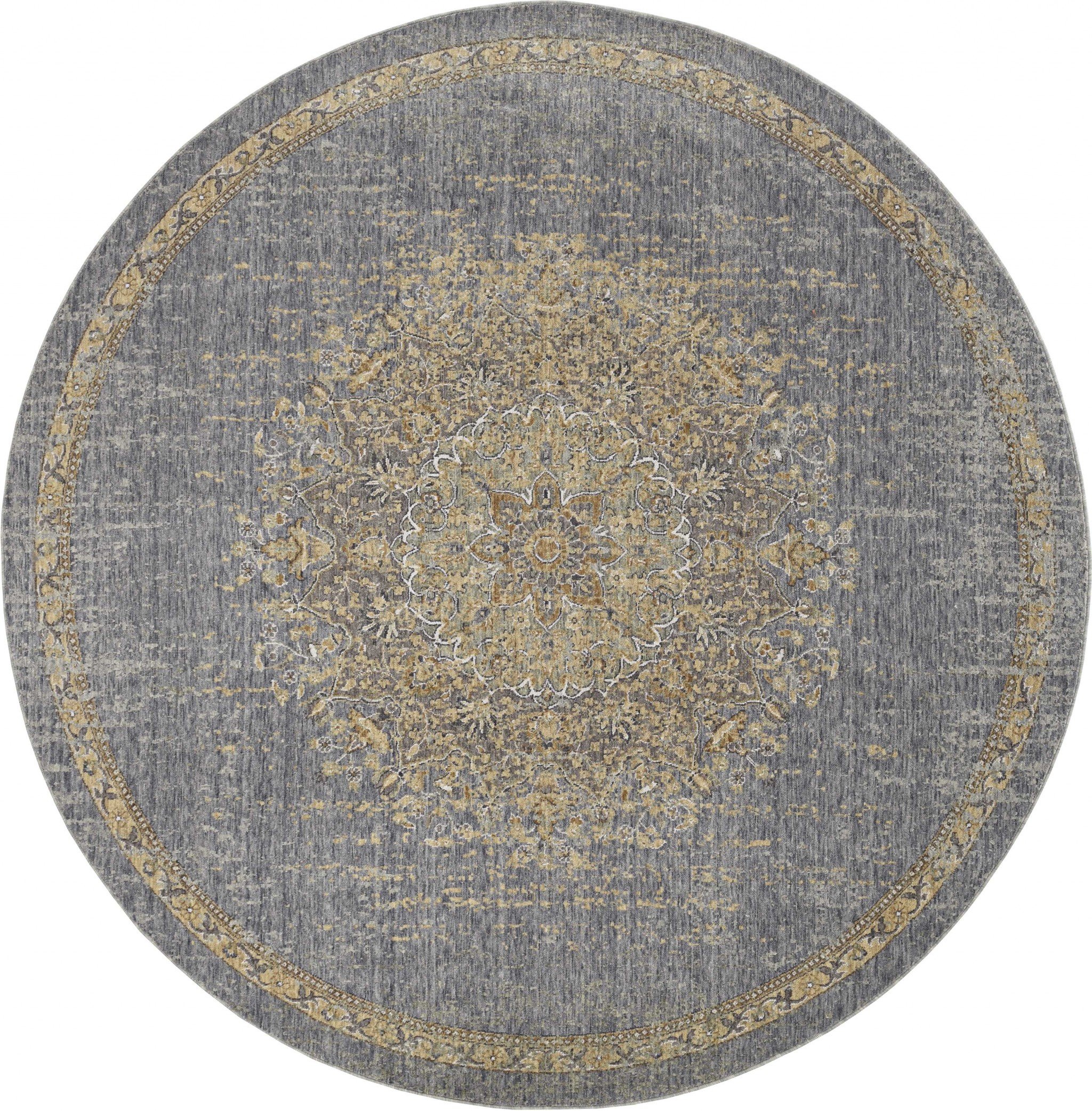 A large 108" x 108" slate grey wool rug featuring a vintage traditional design, perfect for enhancing living spaces.