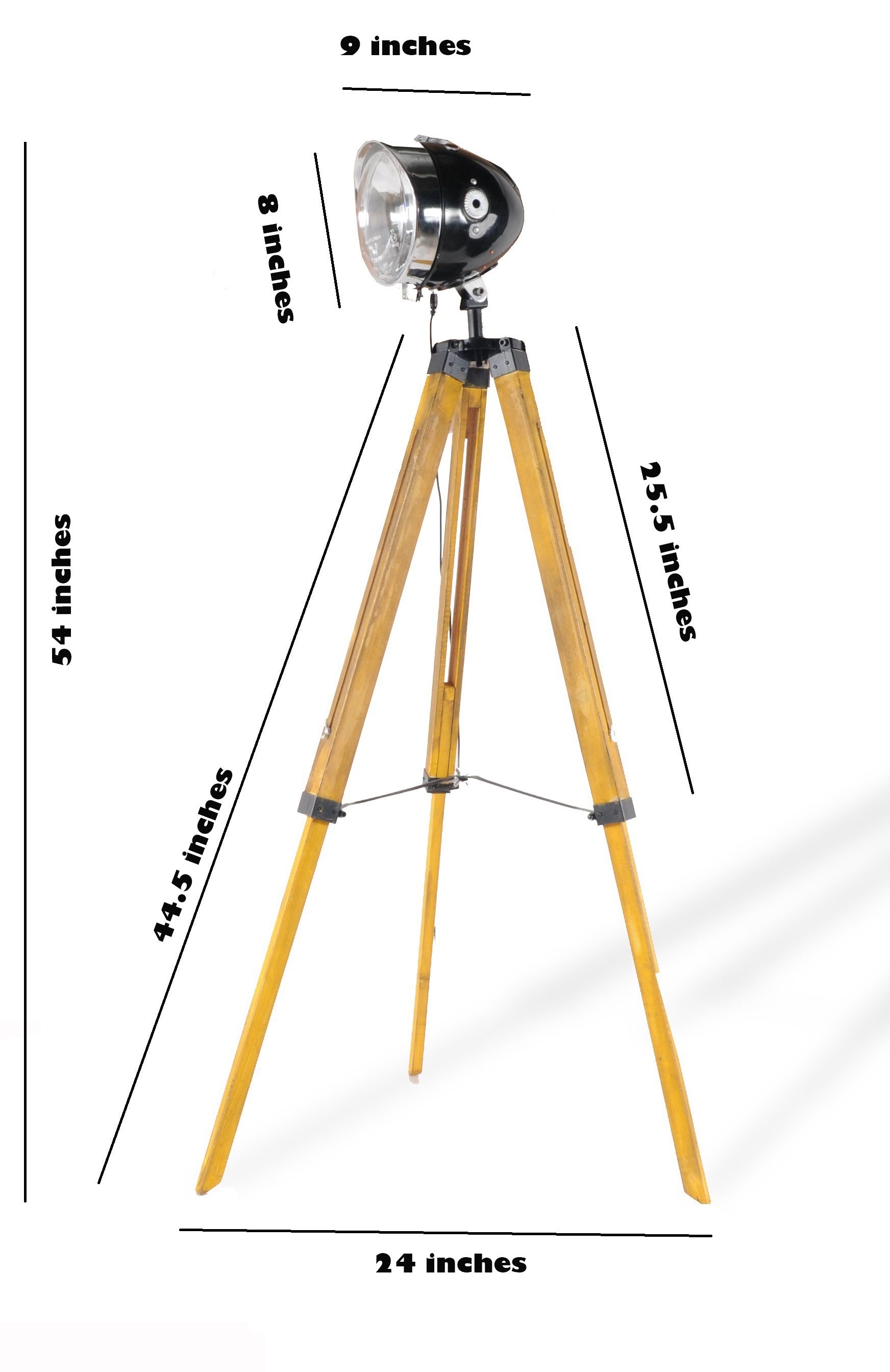 10x10x35 Jawa Lamp featuring a motorcycle headlight design on a wooden tripod stand, showcasing its unique and stylish appearance.