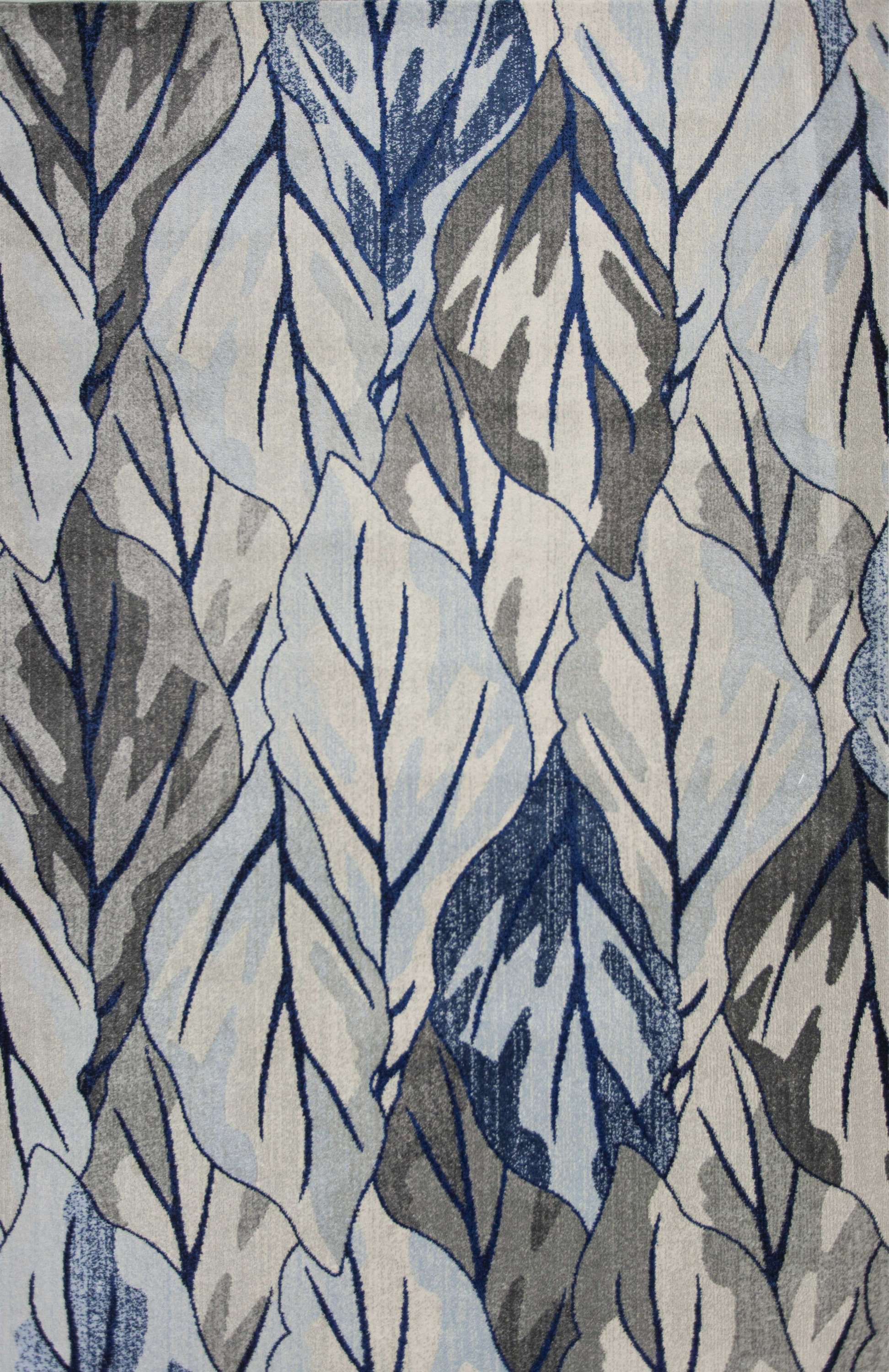 10x13 inches grey navy blue machine woven rug featuring tropical leaves design, perfect for indoor living spaces.