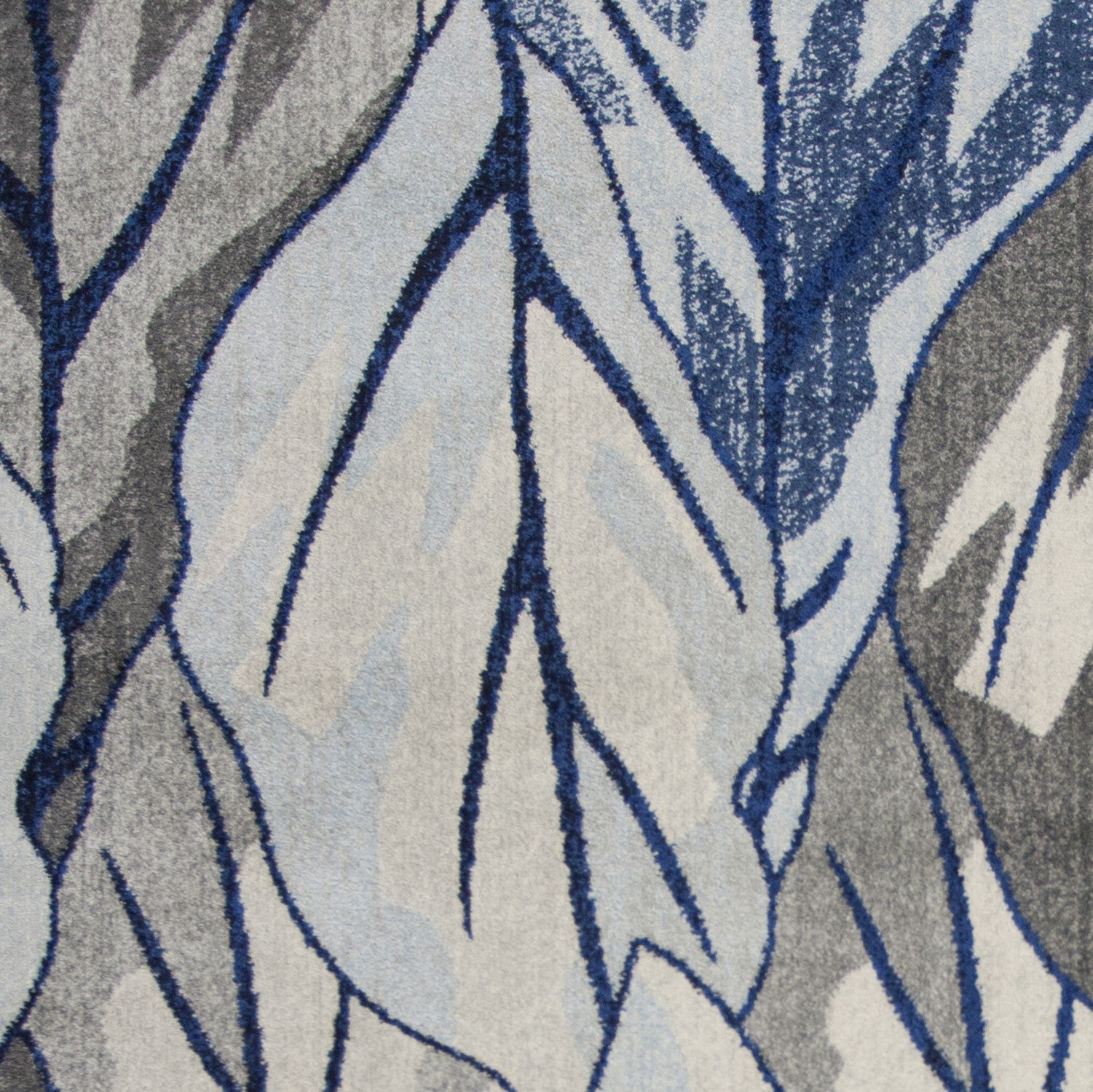 10x13 inches grey navy blue machine woven rug featuring tropical leaves design, perfect for indoor living spaces.