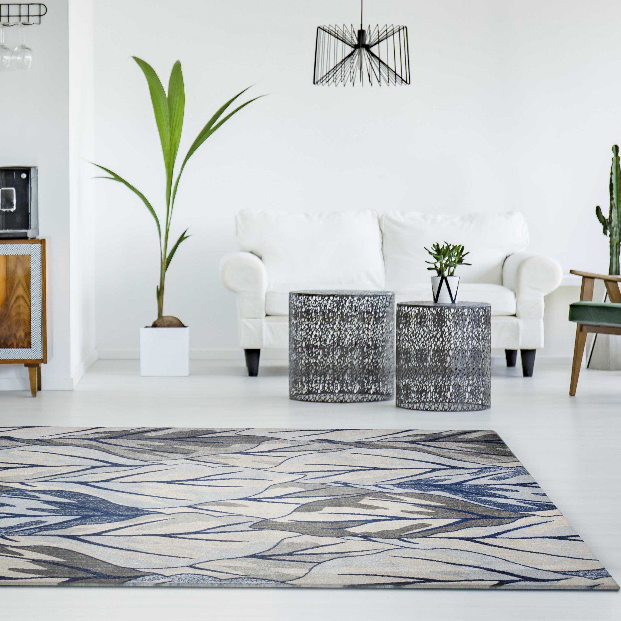 10x13 inches grey navy blue machine woven rug featuring tropical leaves design, perfect for indoor living spaces.