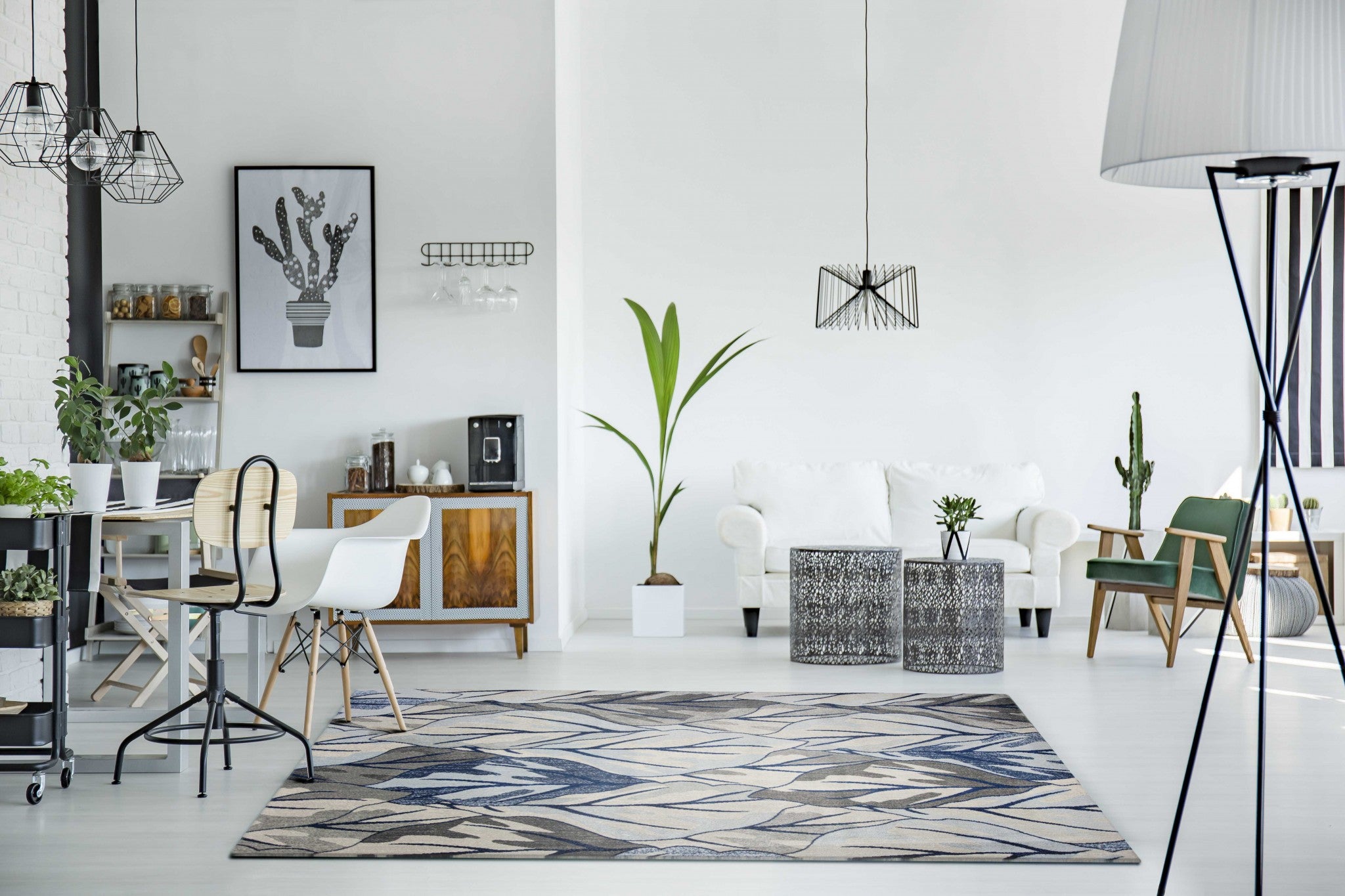 10x13 inches grey navy blue machine woven rug featuring tropical leaves design, perfect for indoor living spaces.