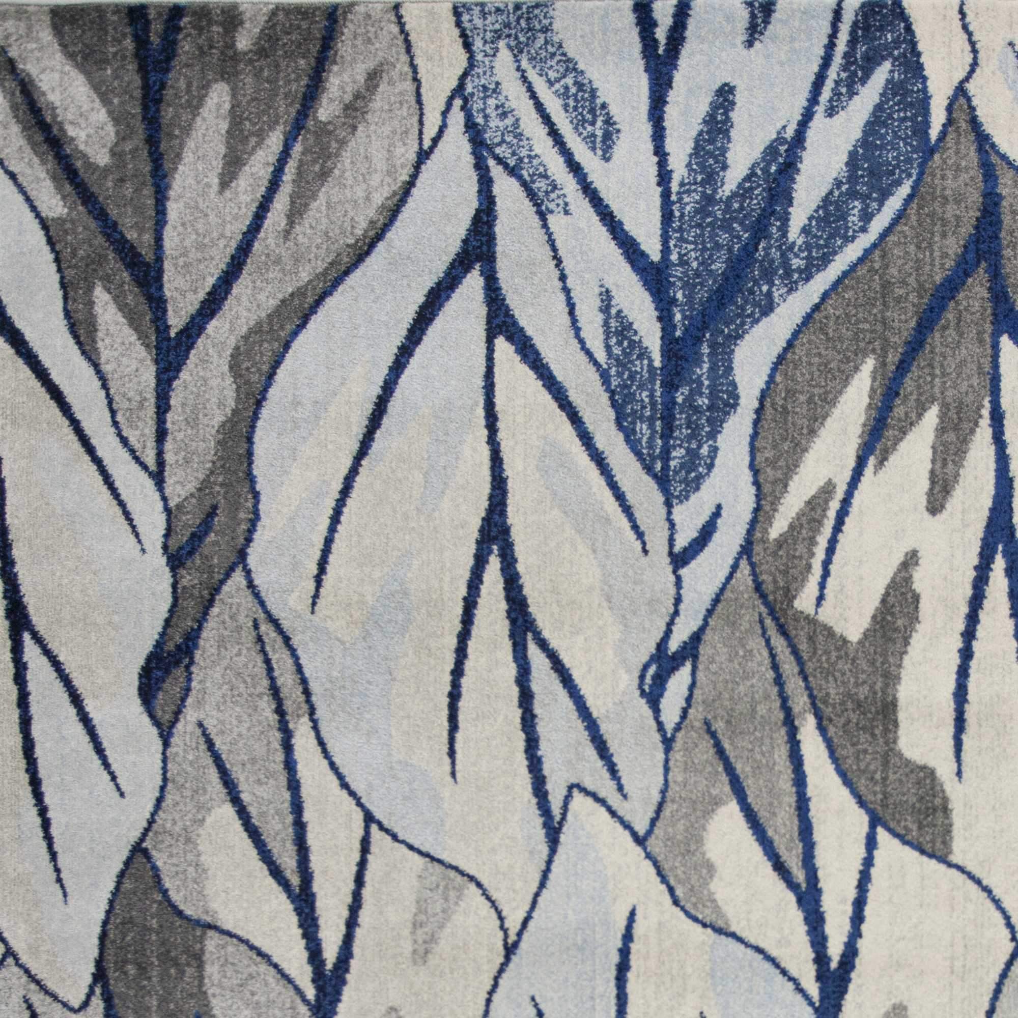 10x13 inches grey navy blue machine woven rug featuring tropical leaves design, perfect for indoor living spaces.