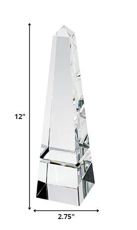 12-inch tall hand crafted crystal obelisk with clear finish, showcasing elegant design and high-quality craftsmanship.