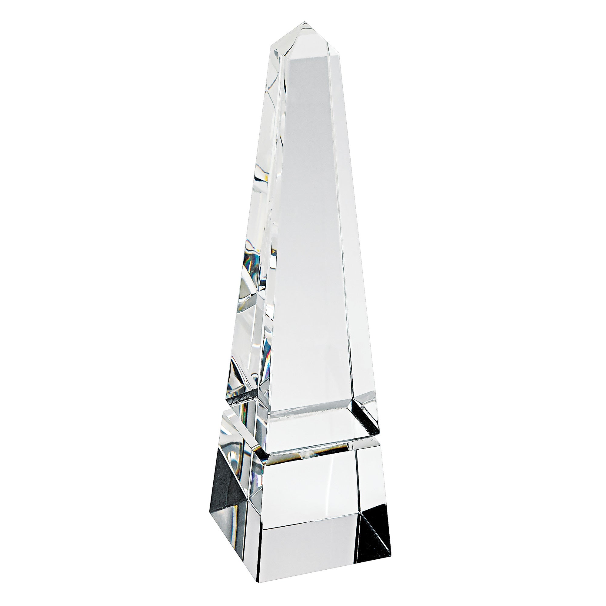 12-inch tall hand crafted crystal obelisk with clear finish, showcasing elegant design and high-quality craftsmanship.