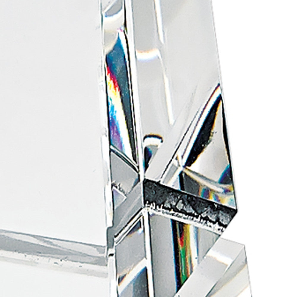 12-inch tall hand crafted crystal obelisk with clear finish, showcasing elegant design and high-quality craftsmanship.