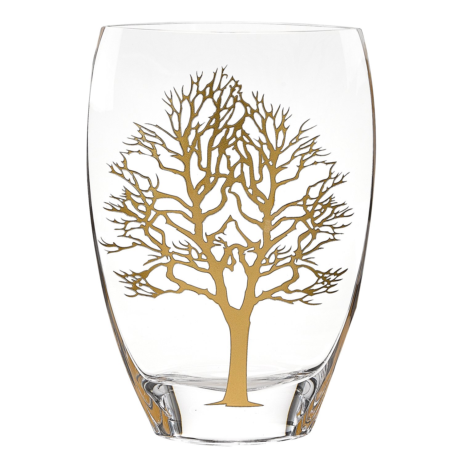 A stunning 12-inch mouth blown gold tree of life vase made of lead-free crystal, showcasing an elegant design perfect for home decor.