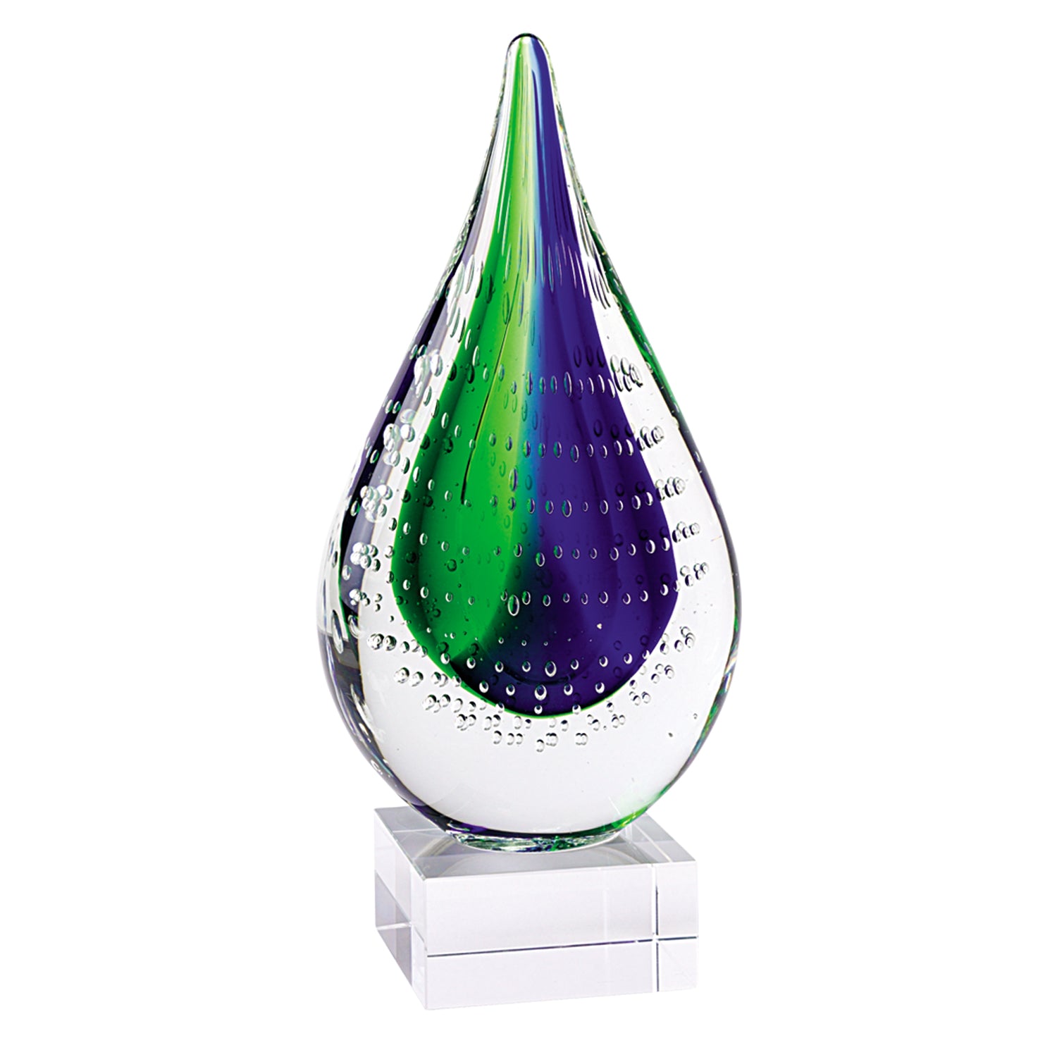 Elegant 12 Mouth Blown Teardrop Centerpiece on a sturdy crystal base, showcasing vibrant multi-color design.