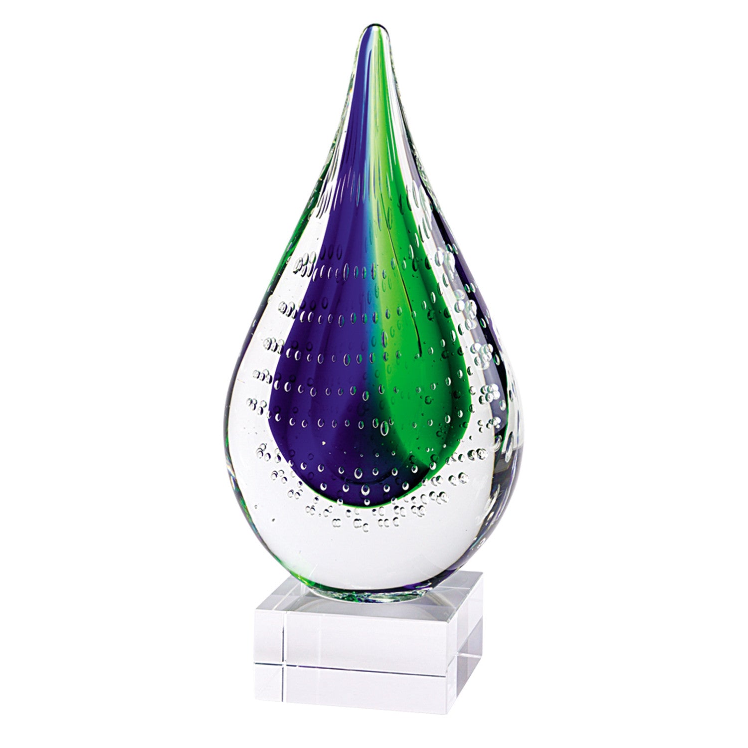 Elegant 12 Mouth Blown Teardrop Centerpiece on a sturdy crystal base, showcasing vibrant multi-color design.