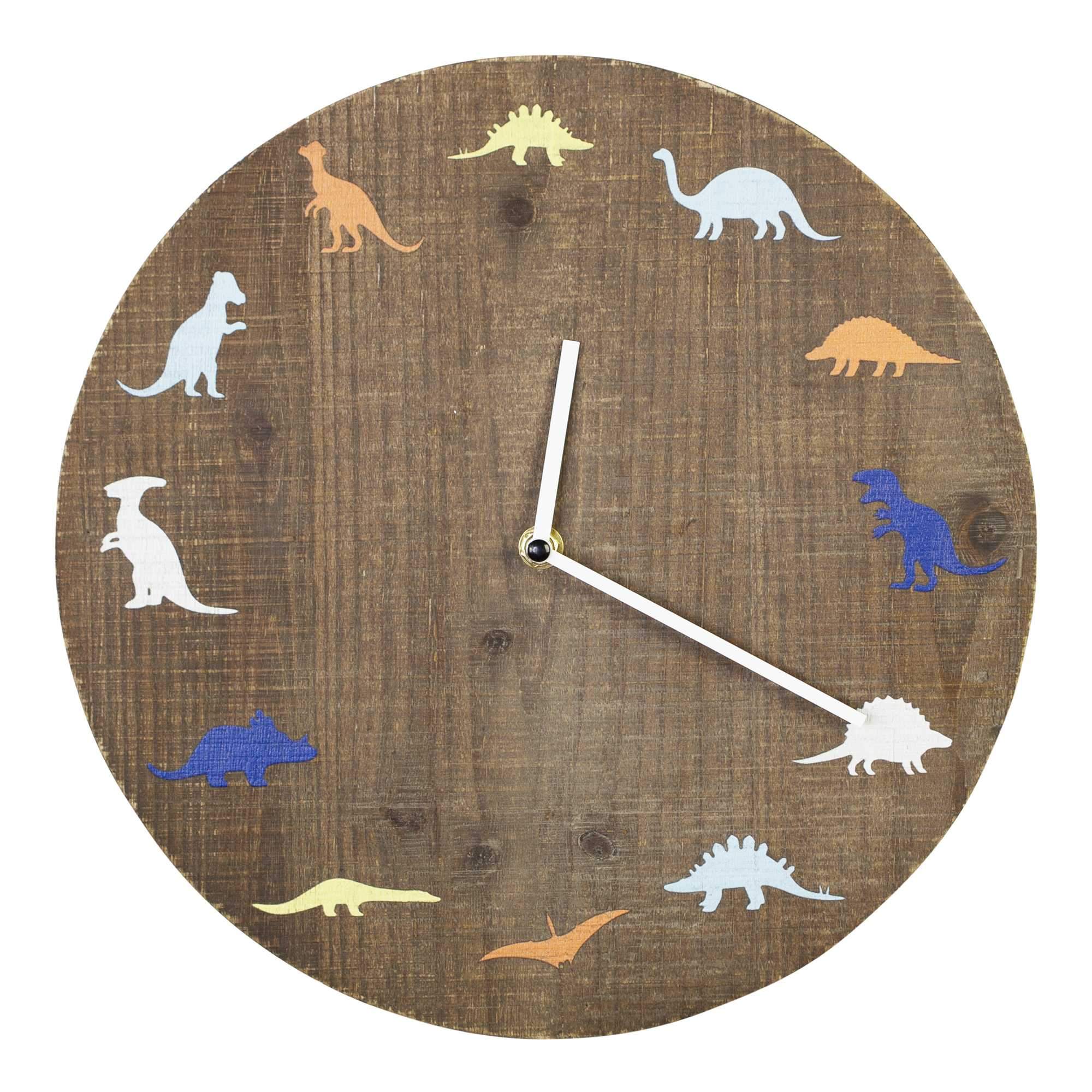 A colorful 12-inch round wall clock featuring various dinosaur outlines instead of numbers, designed for children's rooms.