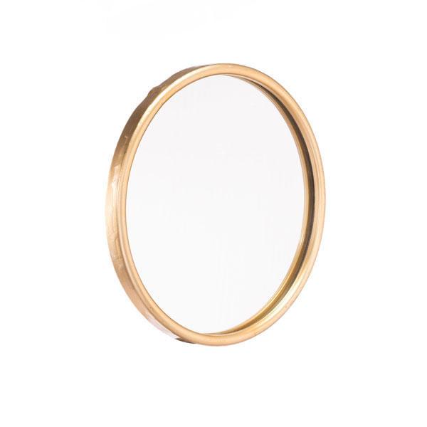 A small, handcrafted round gold mirror with a brushed stainless steel frame, measuring 12 inches in height and length, showcasing an elegant design.