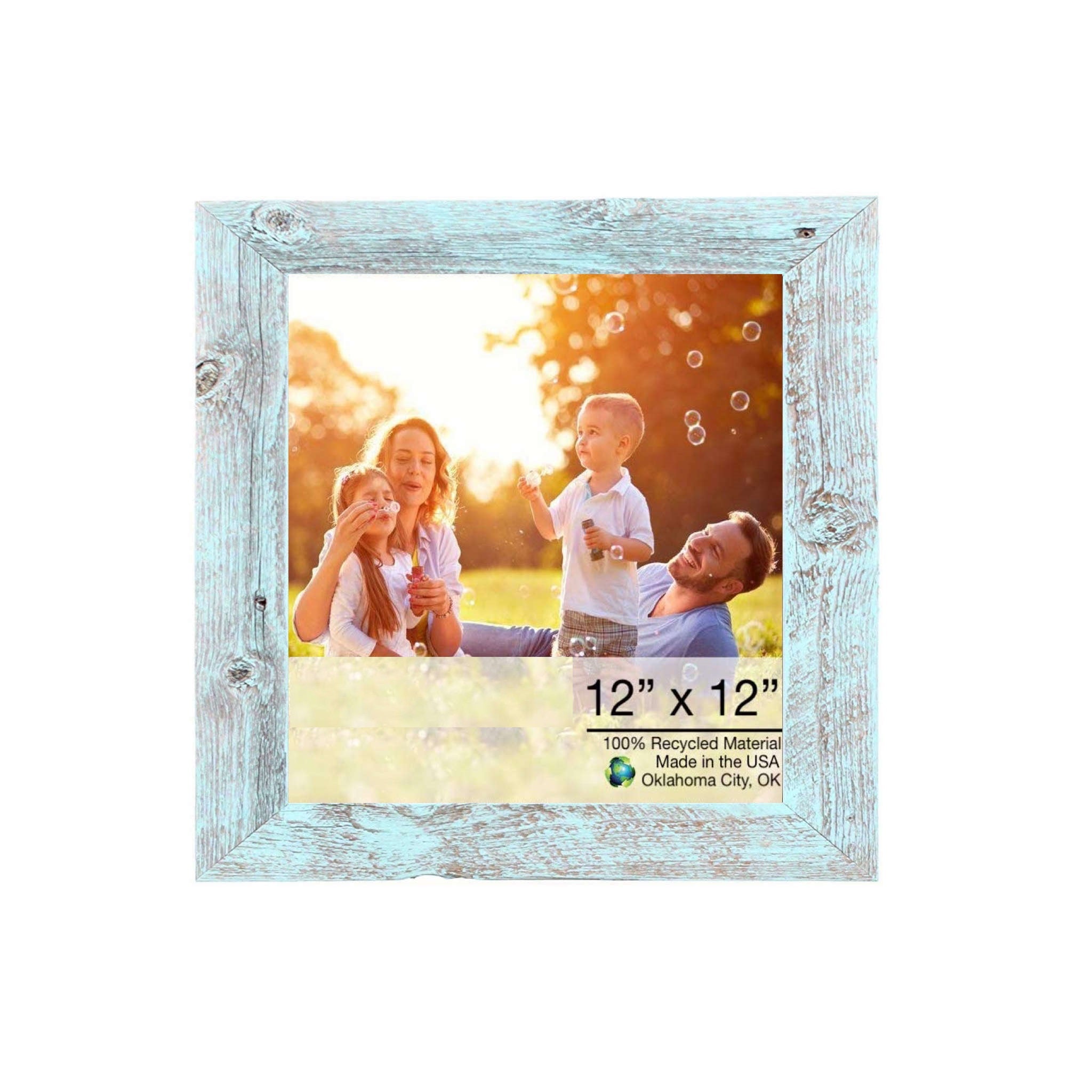 A rustic blue picture frame made from reclaimed wood, designed to hold a 12x12 photo, showcasing a charming robins egg blue finish.