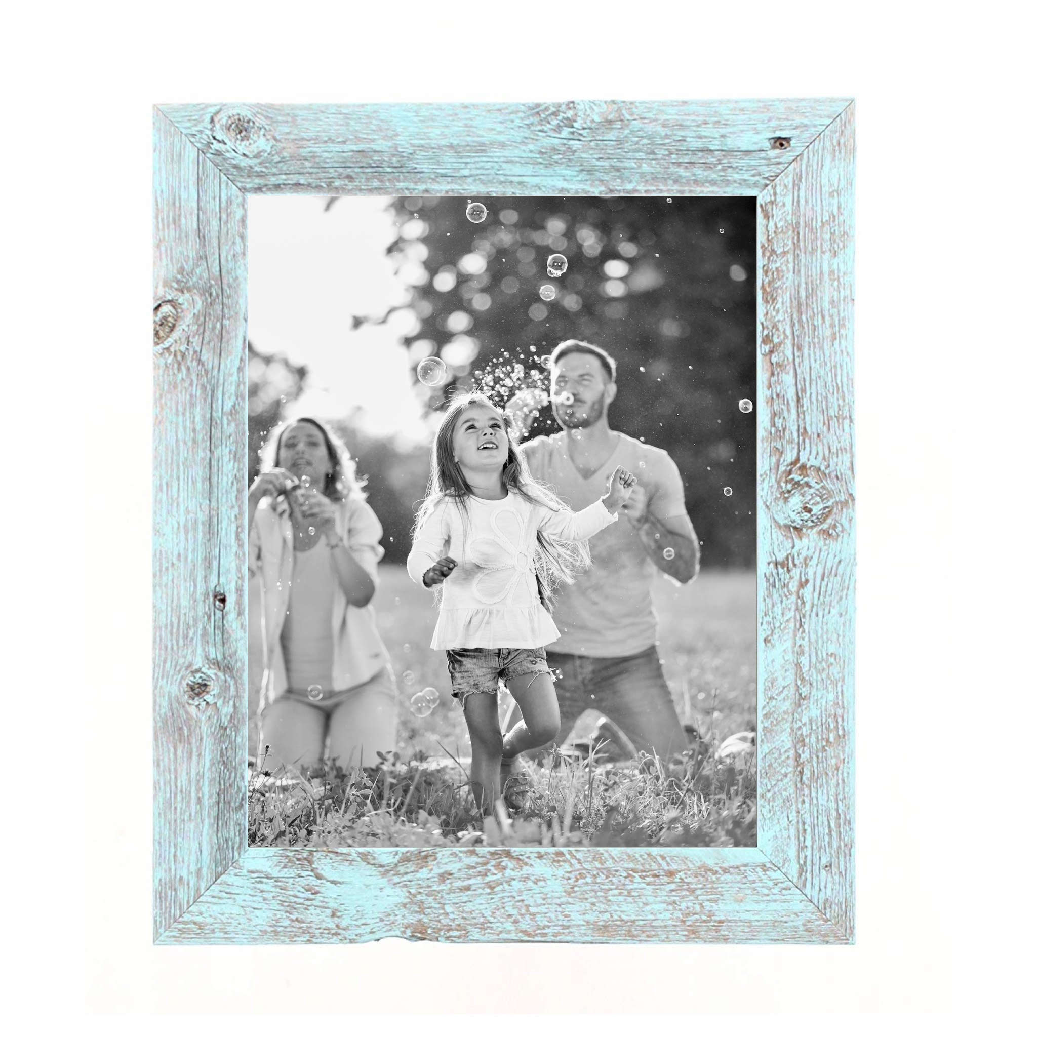 A rustic blue picture frame made from reclaimed wood, designed to hold a 12x12 photo, showcasing a charming robins egg blue finish.