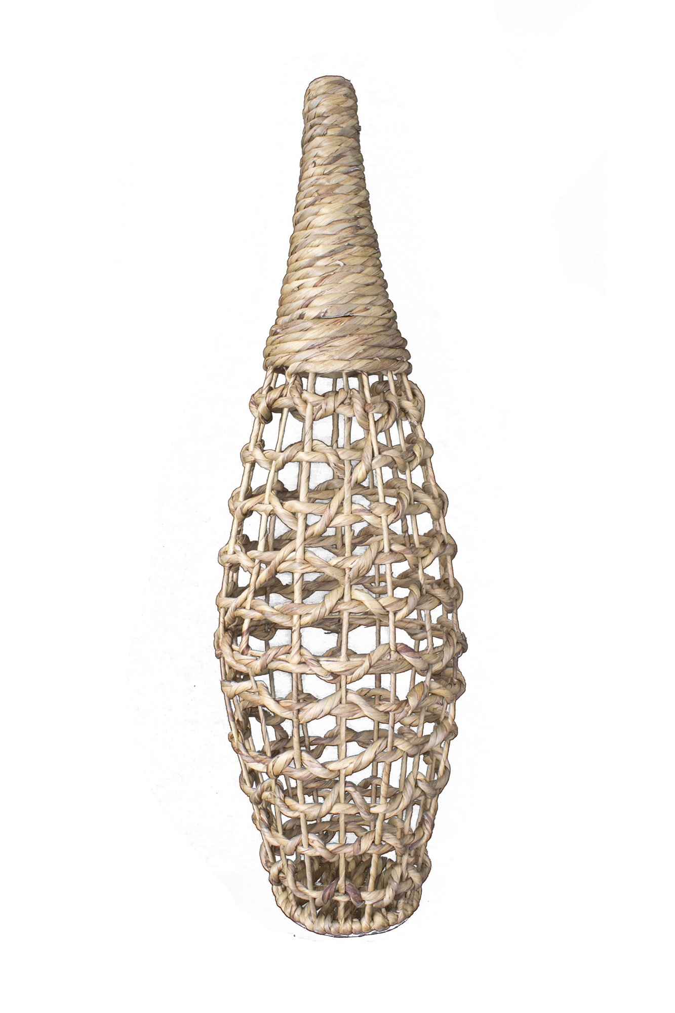 A tall, handcrafted floor vase made from natural water hyacinth, showcasing intricate woven patterns and a unique design.