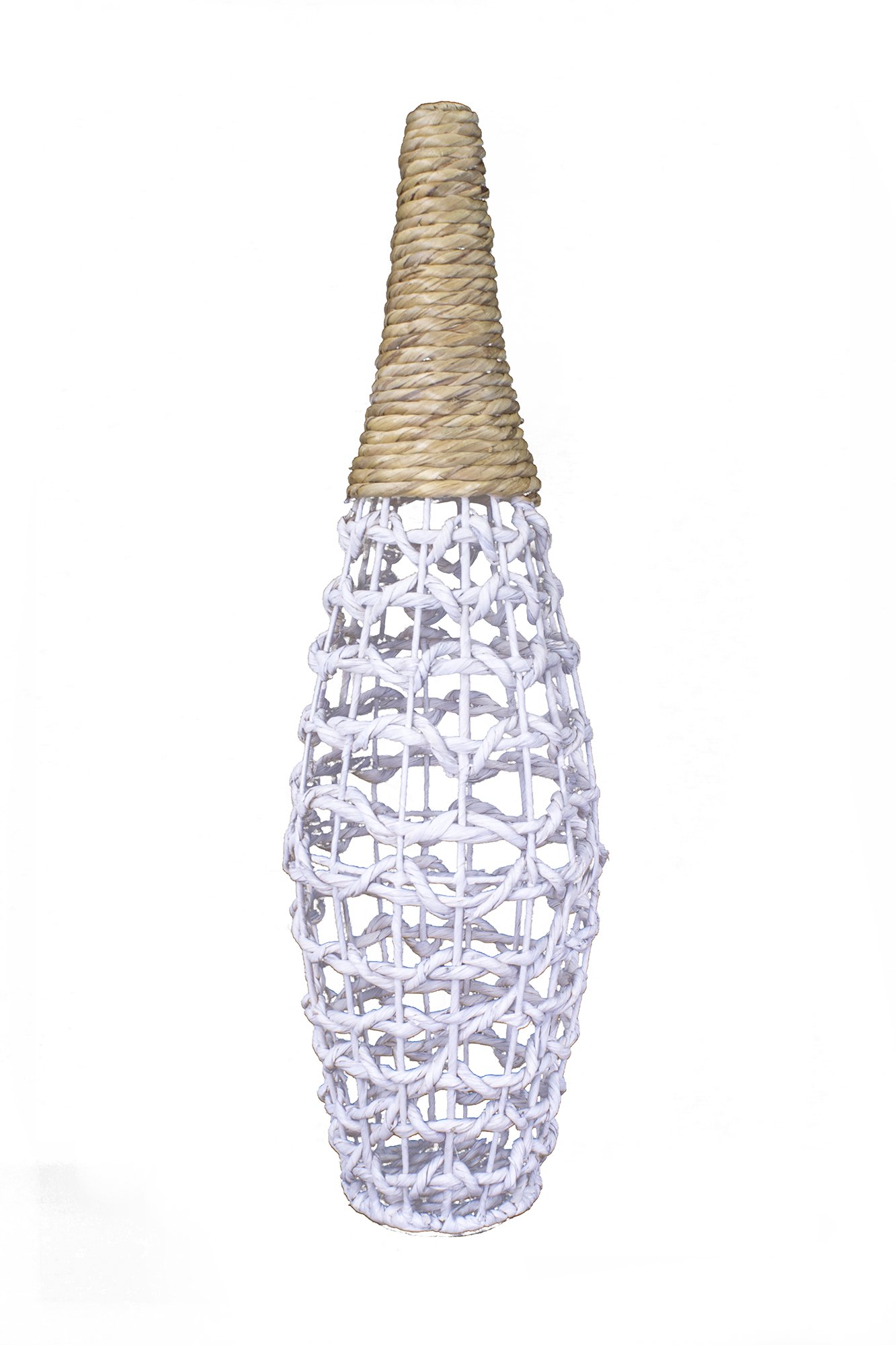 A tall, handcrafted floor vase made from natural water hyacinth, showcasing intricate woven patterns and a unique design.