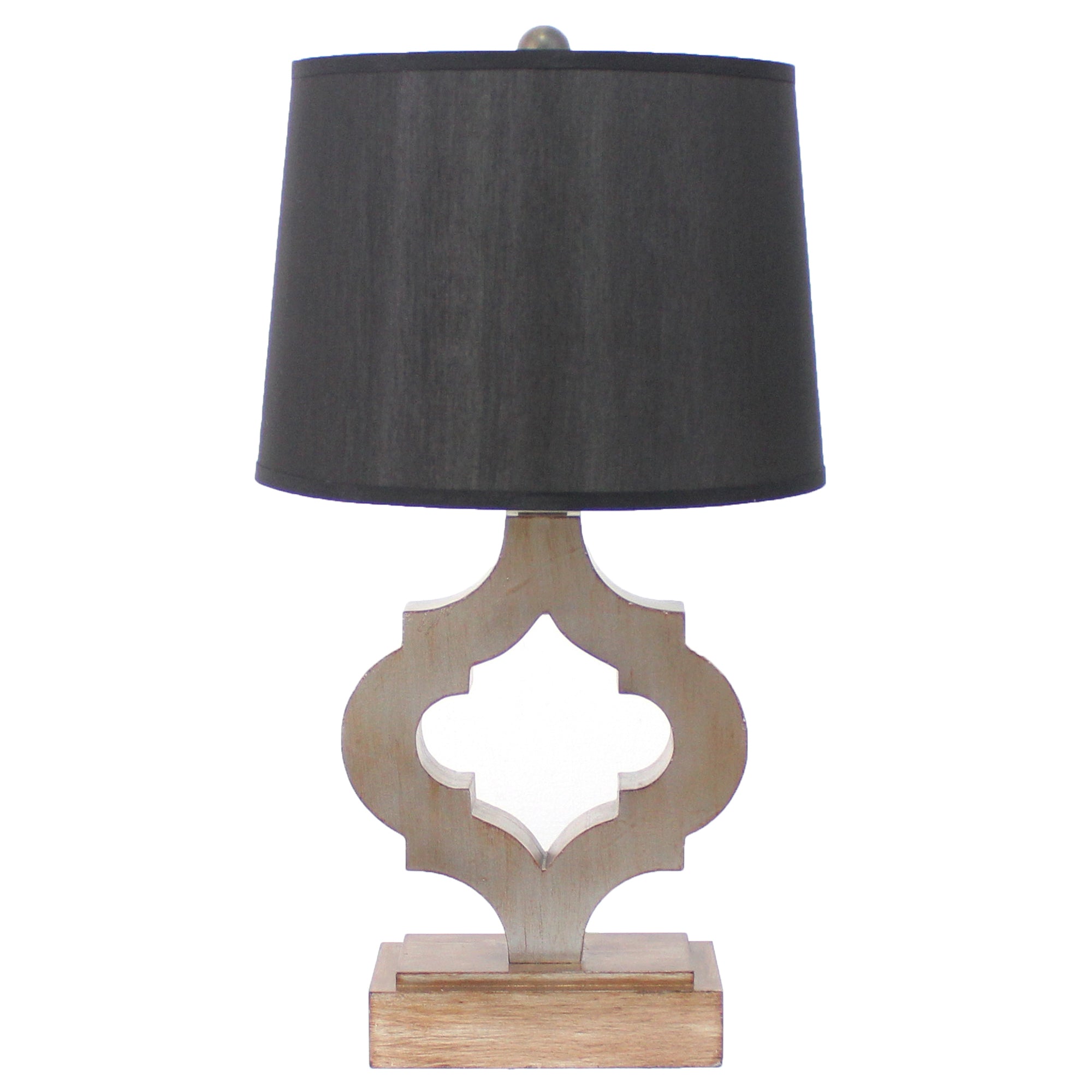 A traditional wooden table lamp featuring a black linen shade, elegantly designed to enhance home decor.