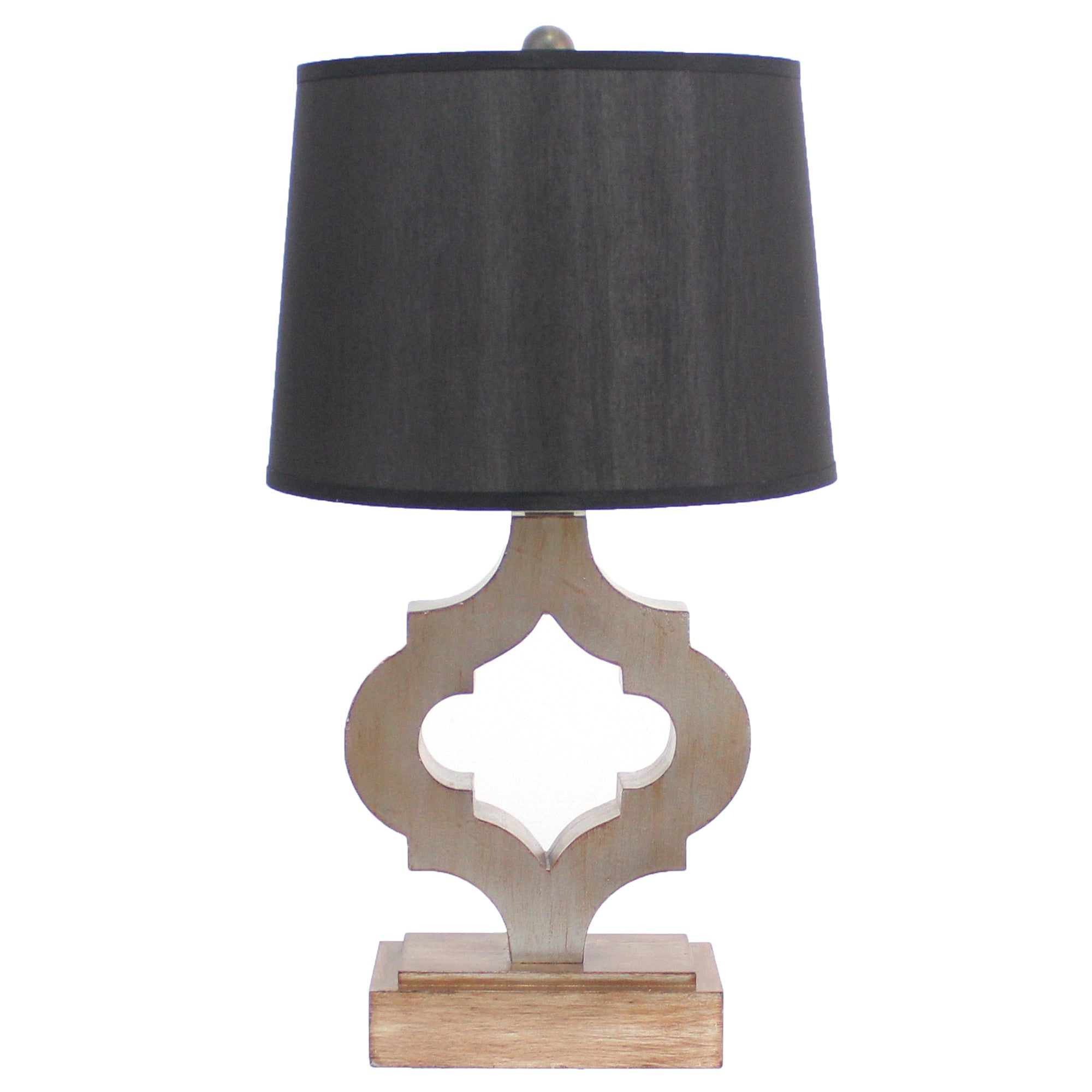 A traditional wooden table lamp featuring a black linen shade, elegantly designed to enhance home decor.