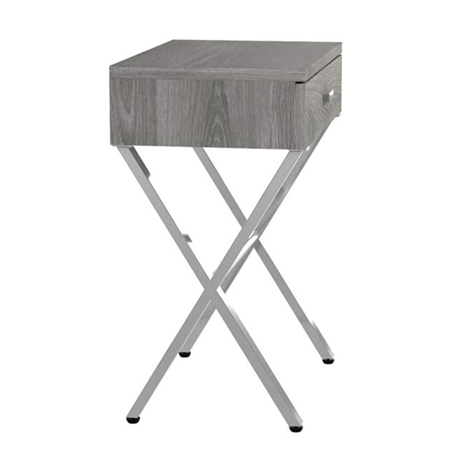 Elegant dark taupe finish accent table with chrome metal accents, perfect for living room decor.