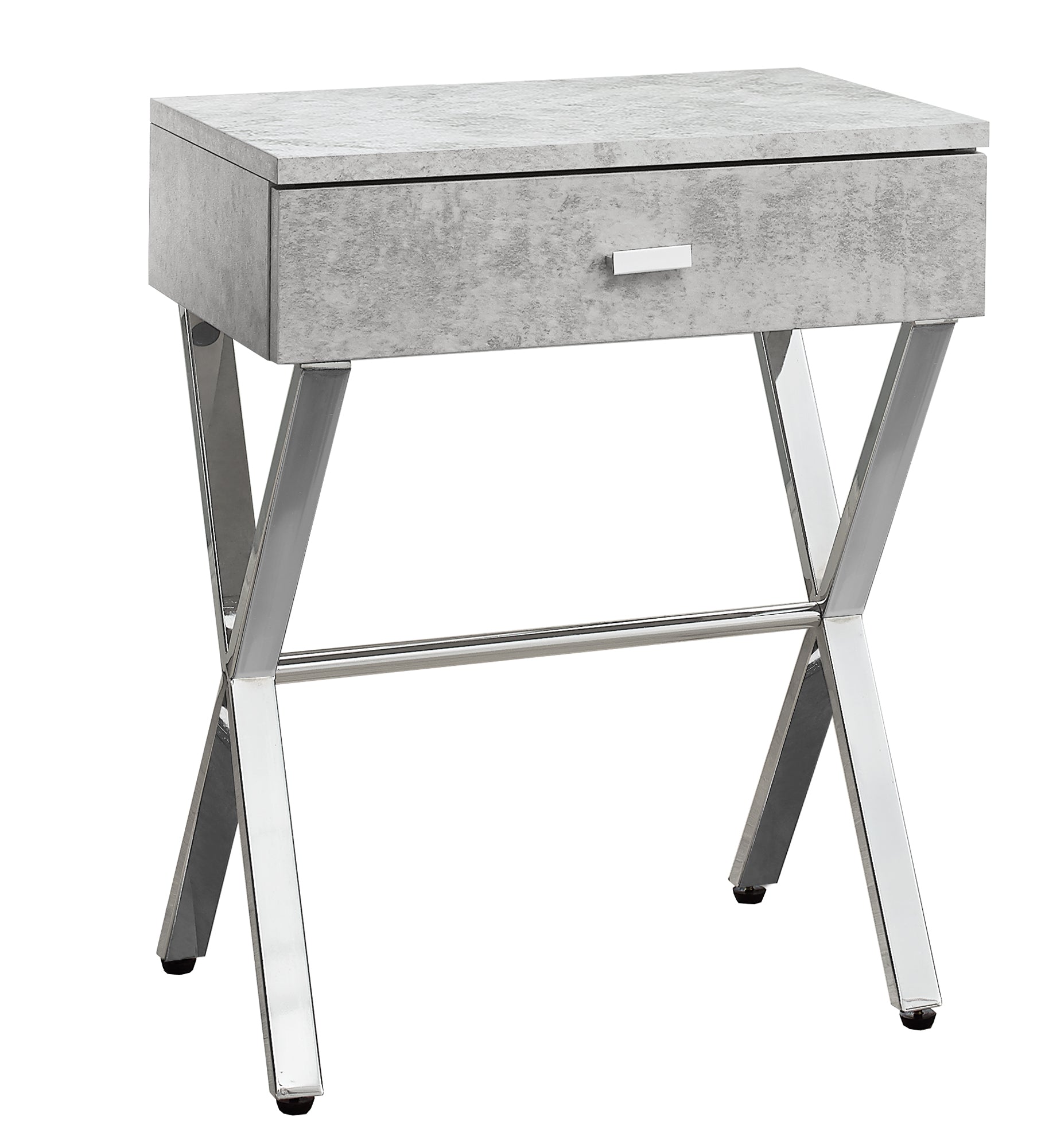 Elegant dark taupe finish accent table with chrome metal accents, perfect for living room decor.