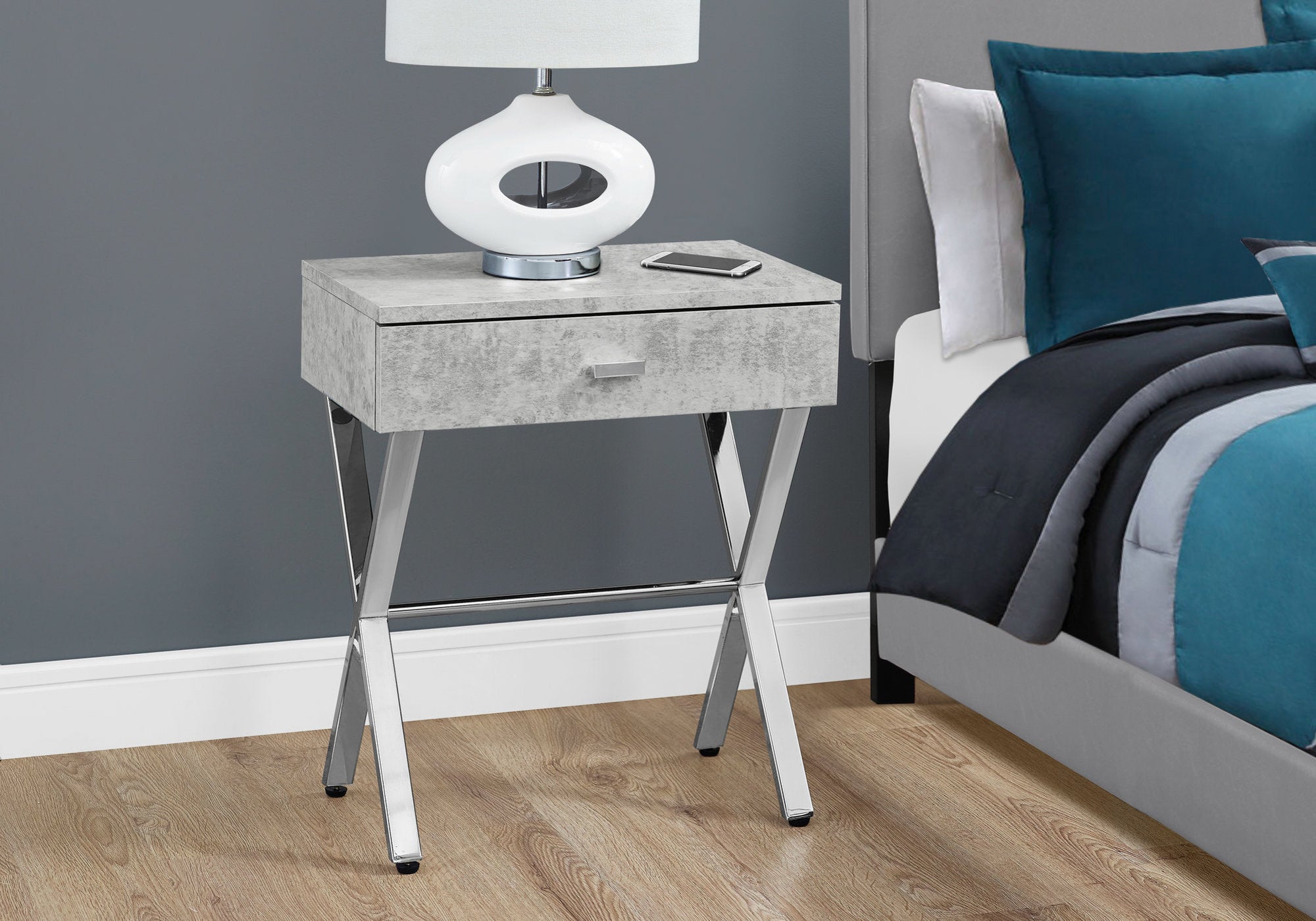 Elegant dark taupe finish accent table with chrome metal accents, perfect for living room decor.