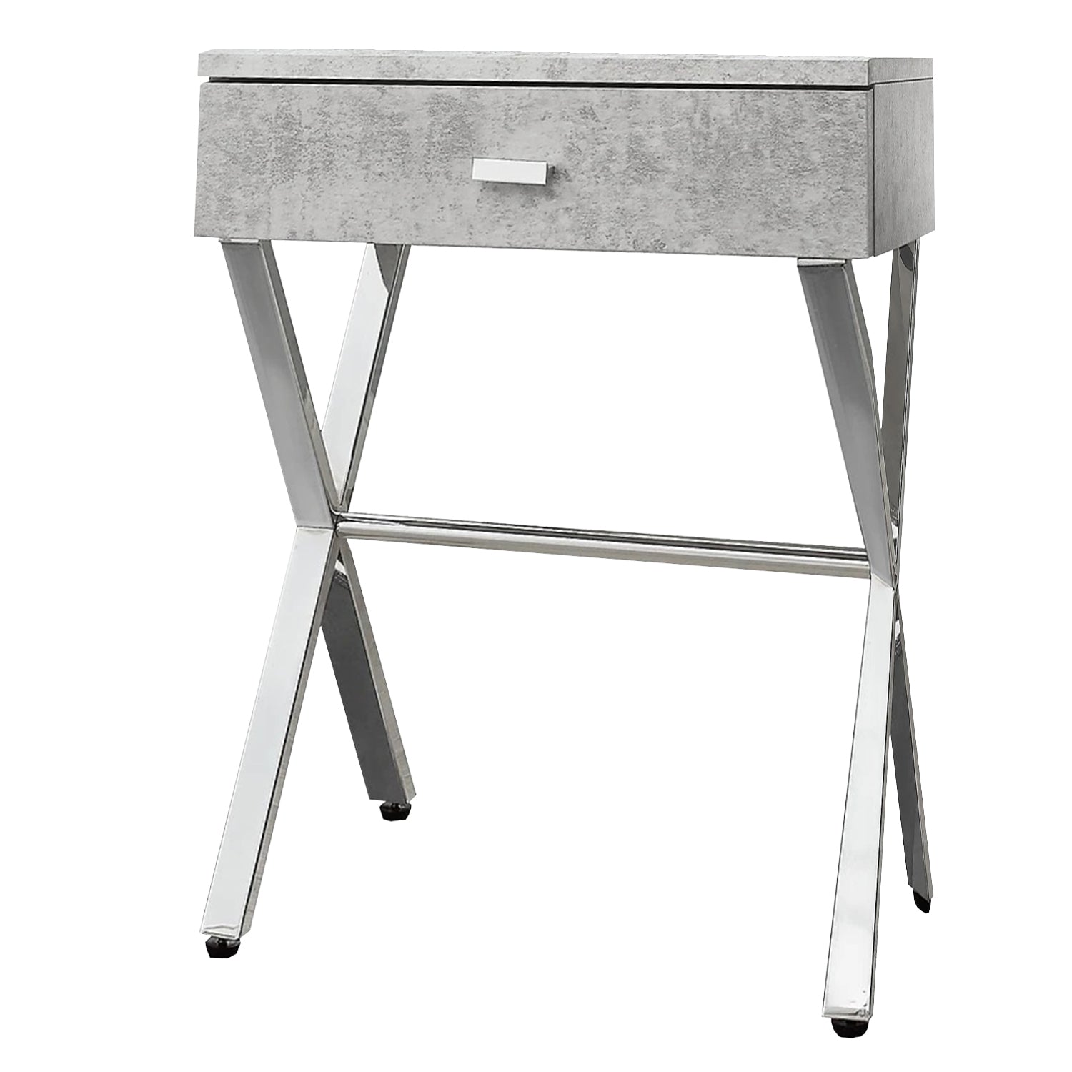 Elegant dark taupe finish accent table with chrome metal accents, perfect for living room decor.