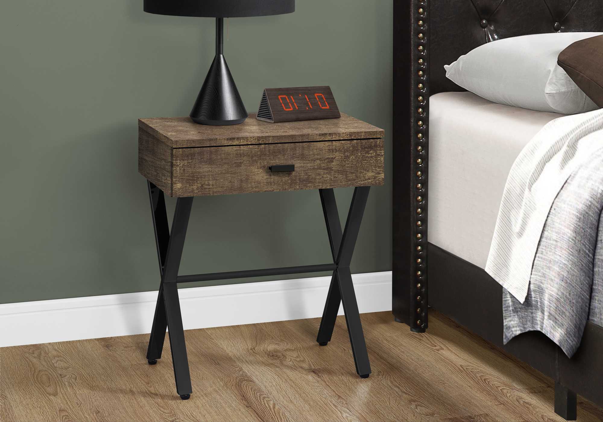 Elegant dark taupe finish accent table with chrome metal accents, perfect for living room decor.