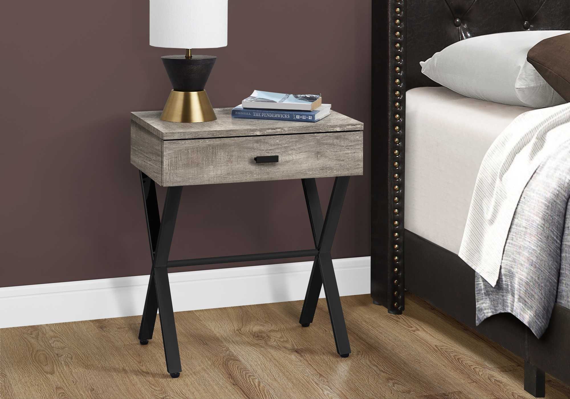 Elegant dark taupe finish accent table with chrome metal accents, perfect for living room decor.