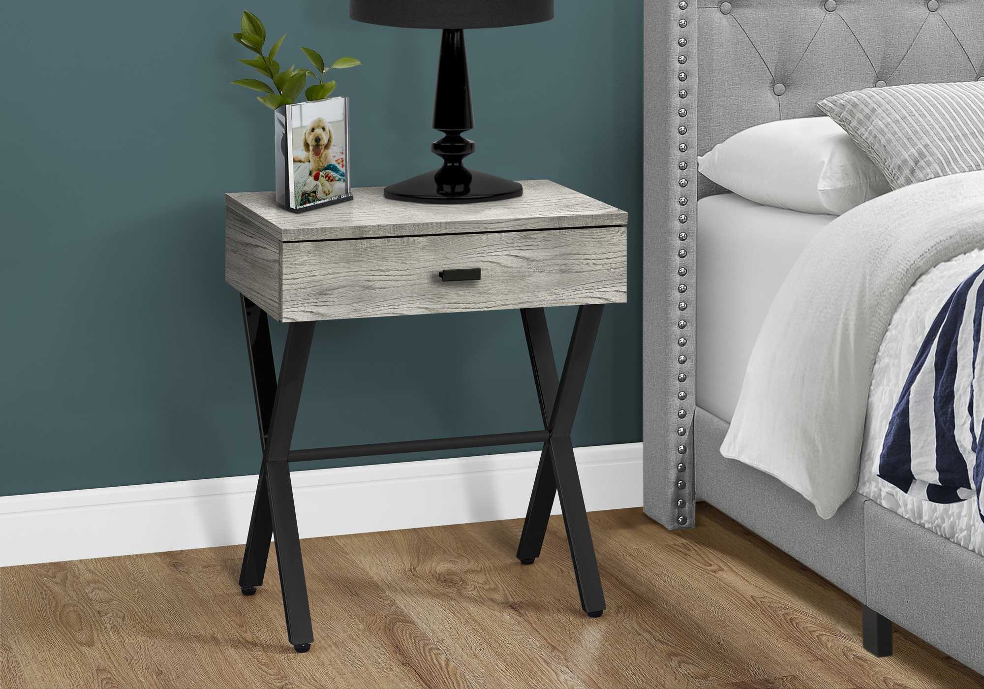 Elegant dark taupe finish accent table with chrome metal accents, perfect for living room decor.