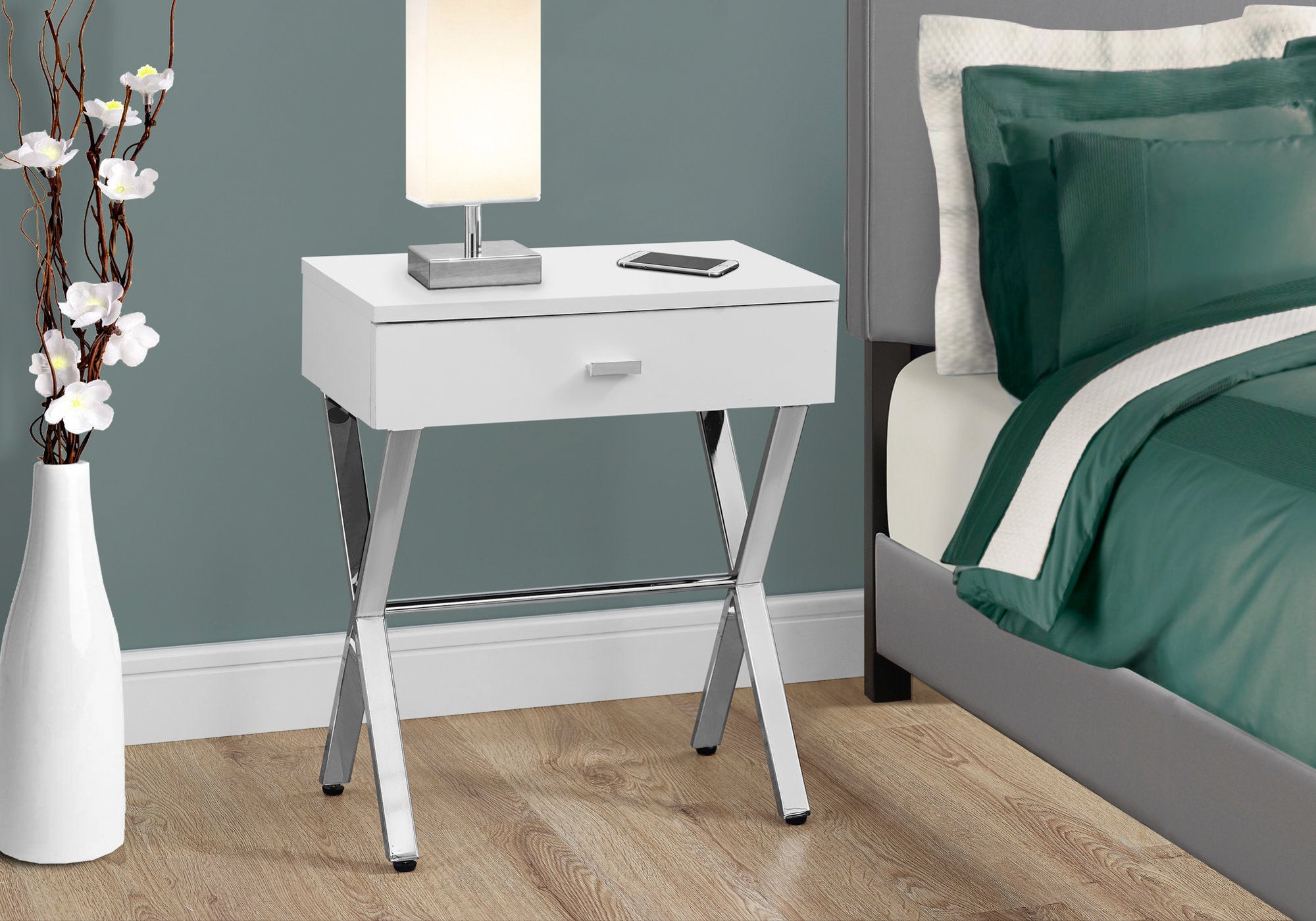 Elegant dark taupe finish accent table with chrome metal accents, perfect for living room decor.